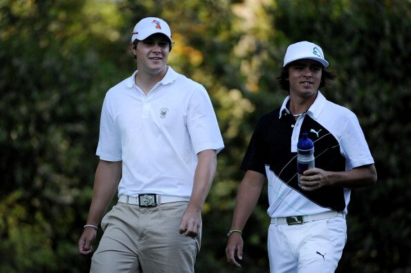 AUGUSTA, GA - APRIL 04:  Amateur Peter Uihlein (L) and Rickie Fowler walk off a tee box during a practice round prior to the 2011 Masters Tournament at Augusta National Golf Club on April 4, 2011 in Augusta, Georgia.  (Photo by Harry How/Getty Images)