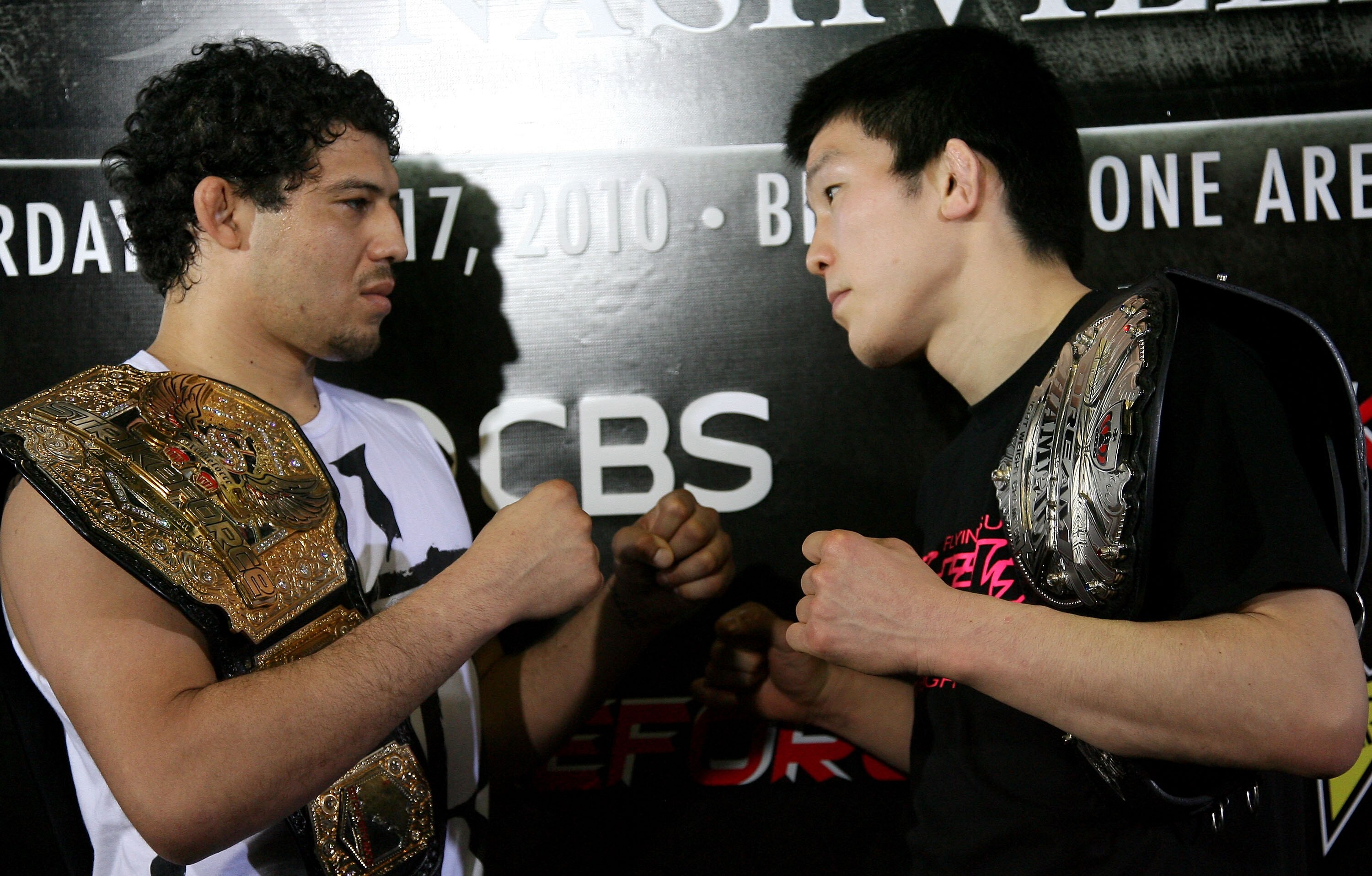 HOLLYWOOD - MARCH 17:  Strikeforce World Lightweight Champion Gilbert 'El Nino' Melendez  (L) and Dream 155-Pound Champion Shinya 'Tobikan Judan' Aoki (R) attend the CBS' Strikeforce MMA Fighters Open Media Workout on March 17, 2010 in Hollywood, Californ