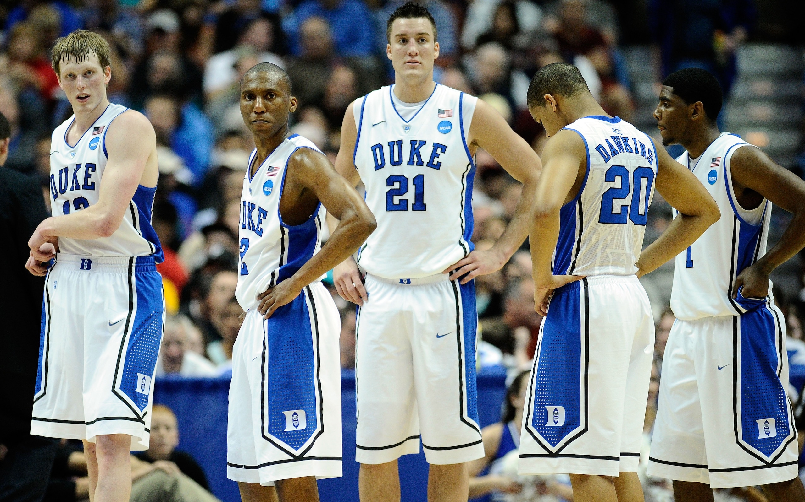 ANAHEIM, CA - MARCH 24: Kyle Singler #12, Nolan Smith #2, Miles Plumlee #21, Andre Dawkins #20 and Kyrie Irving #1 of the Duke Blue Devils looks on against the Arizona Wildcats during the west regional semifinal of the 2011 NCAA men's basketball tourname ANAHEIM, CA - MARCH 24: Kyle Singler #12, Nolan Smith #2, Miles Plumlee #21, Andre Dawkins #20 and Kyrie Irving #1 of the Duke Blue Devils looks on against the Arizona Wildcats during the west regional semifinal of the 2011 NCAA men's basketball tourname