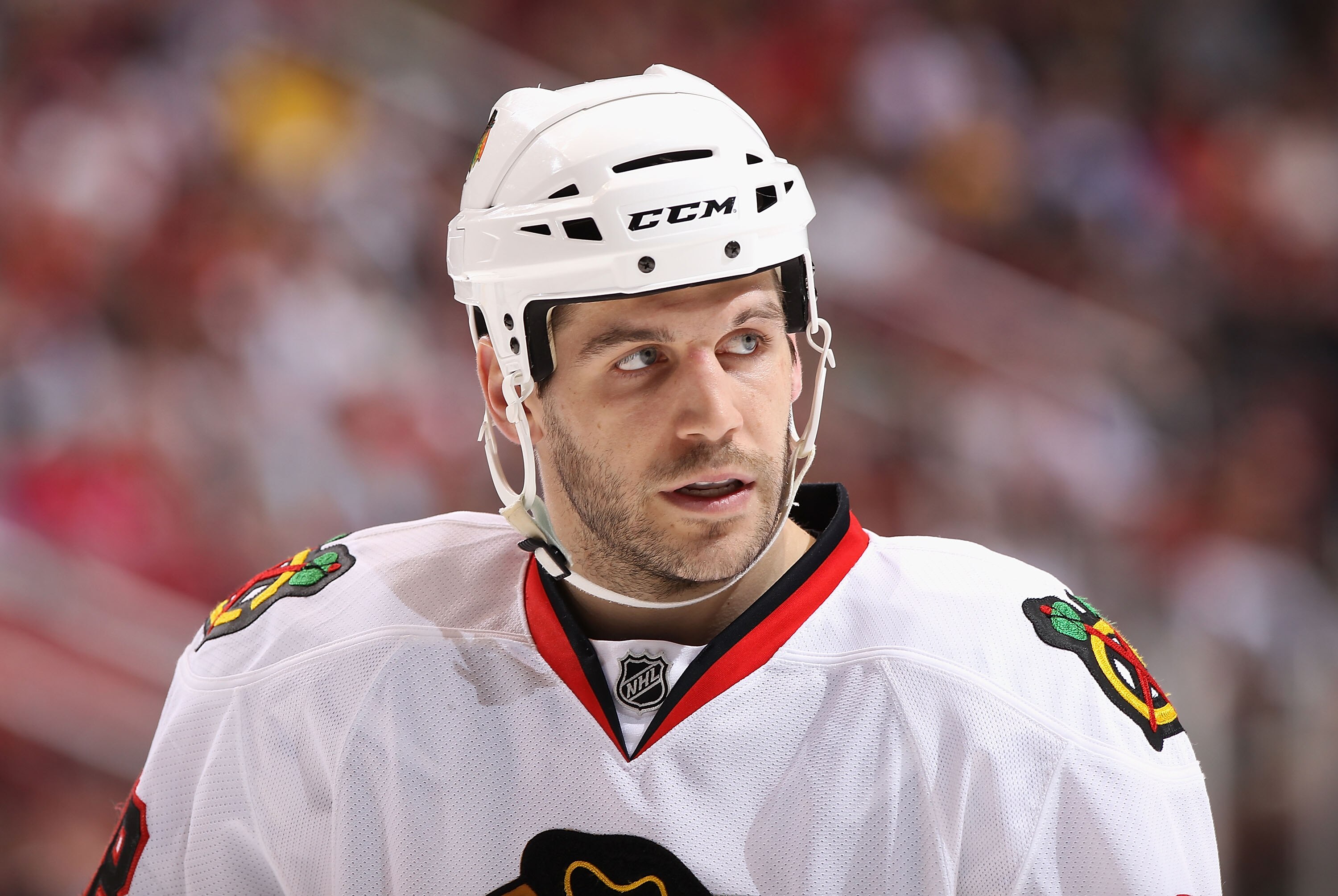 GLENDALE, AZ - MARCH 20:  Jake Dowell #28 of the Chicago Blackhawks during the NHL game against the Phoenix Coyotes at Jobing.com Arena on March 20, 2011 in Glendale, Arizona. The Blackhawks defeated the Coyotes 2-1.  (Photo by Christian Petersen/Getty Im