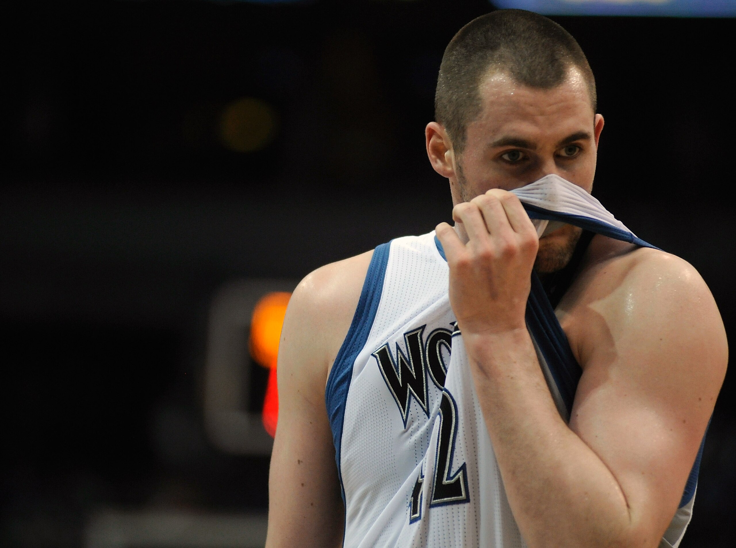 MINNEAPOLIS, MN - APRIL 1: Kevin Love #42 of the Minnesota Timberwolves reacts to a foul during the second half of a basketball game against the Miami Heat at Target Center on April 1, 2011 in Minneapolis, Minnesota. Heat defeated the Timberwolves 111- 92 MINNEAPOLIS, MN - APRIL 1: Kevin Love #42 of the Minnesota Timberwolves reacts to a foul during the second half of a basketball game against the Miami Heat at Target Center on April 1, 2011 in Minneapolis, Minnesota. Heat defeated the Timberwolves 111- 92