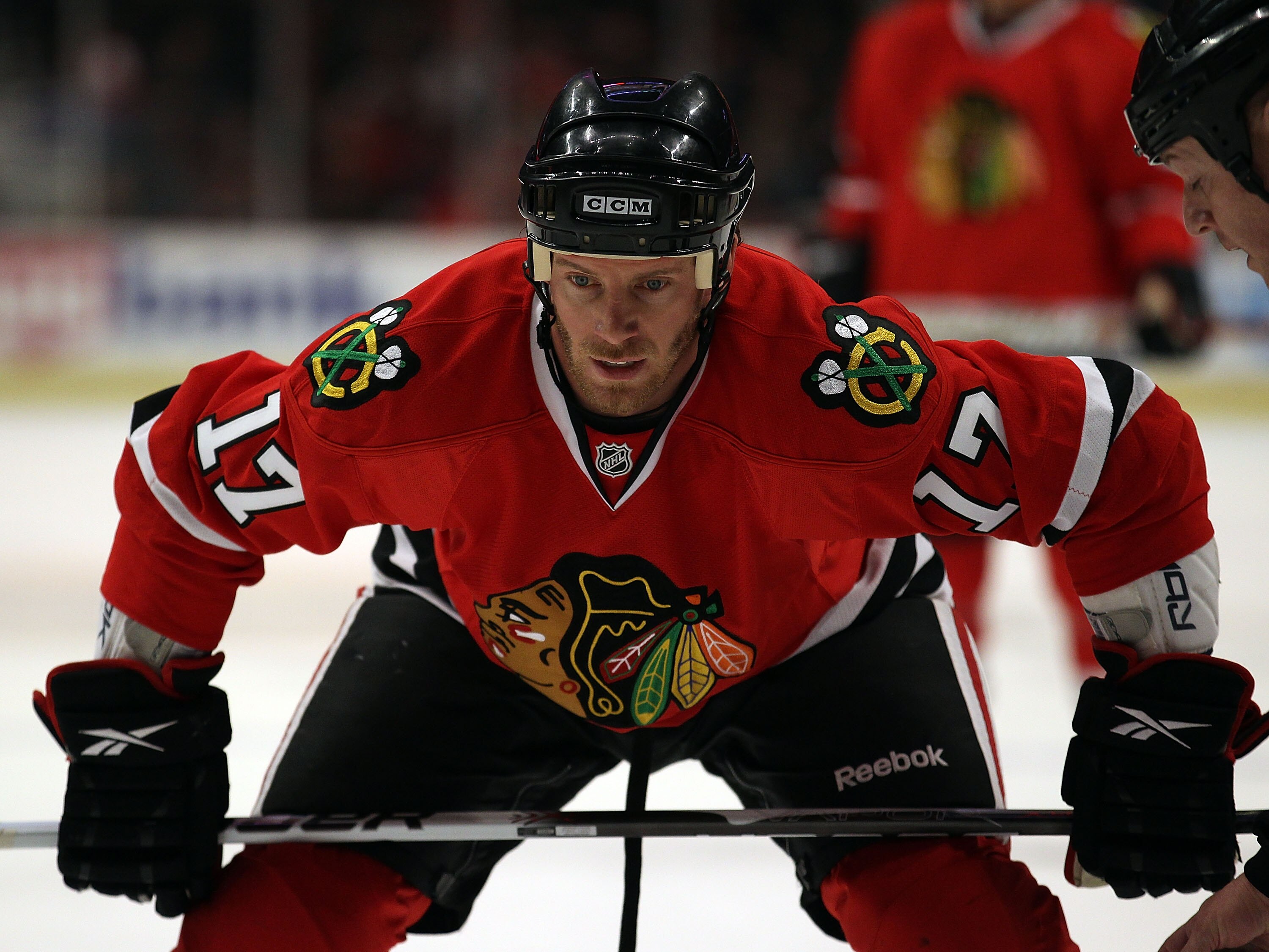 CHICAGO, IL - DECEMBER 19: Ryan Johnson #17 of the Chicago Blackhawks prepares for a face-off against the Los Angeles Kings at the United Center on December 19, 2010 in Chicago, Illinois. The Blackhawks defeated the Kings 3-2. (Photo by Jonathan Daniel/Ge