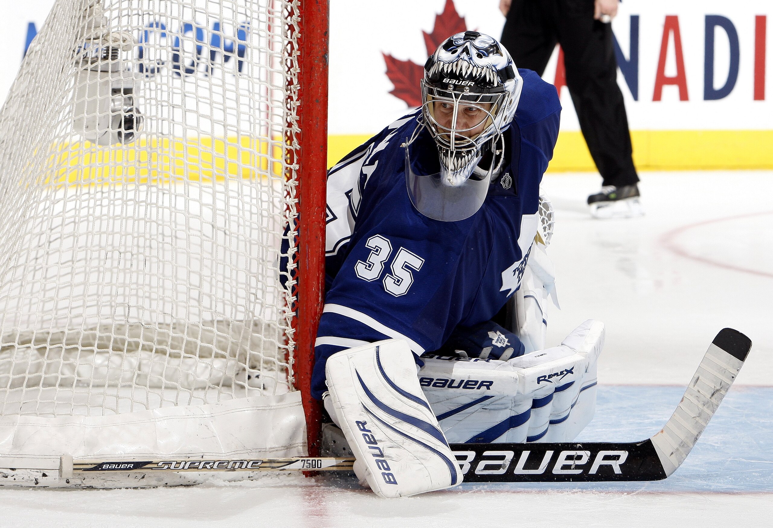 TORONTO - JANUARY 30: Vesa Toskala #35 of the Toronto Maple Leafs guards the net during game action against the Vancouver Canucks January 30, 2010 at the Air Canada Centre in Toronto, Ontario, Canada. (Photo by Abelimages / Getty Images)