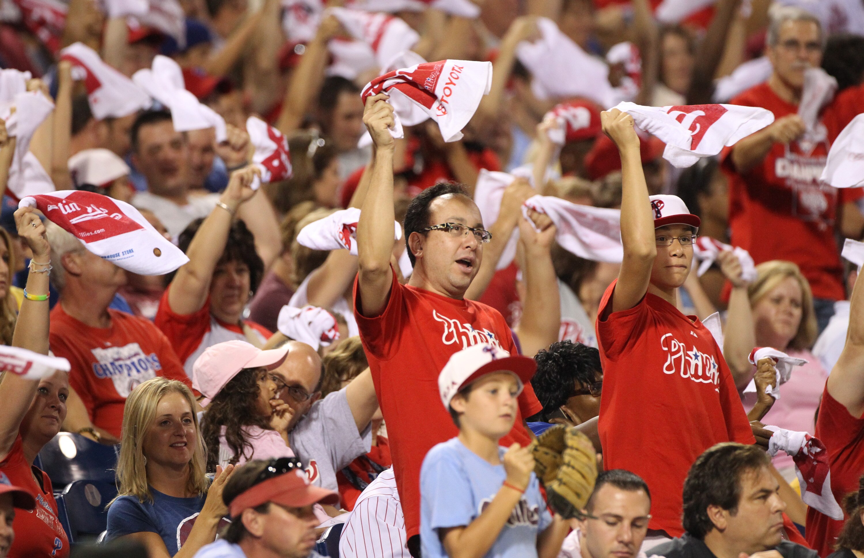 PHILADELPHIA - SEPTEMBER 25: Philadelphia Phillies fans cheer during a game against the New York Mets at Citizens Bank Park on September 25, 2010 in Philadelphia, Pennsylvania. The Mets won 5-2. (Photo by Hunter Martin/Getty Images)