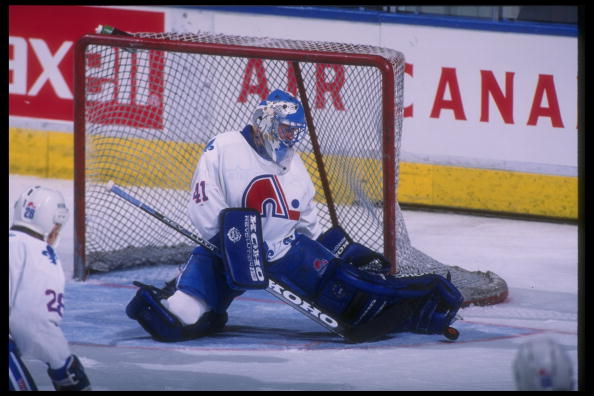 20 Mar 1995:  Goaltender Jocelyn Thibault of the Quebec Nordiques blocks a shot during a game against the Florida Panthers at the Quebec Coliseum in Quebec City, Quebec.  The Nordiques won the game, 5-4. Mandatory Credit: Robert Laberge  /Allsport