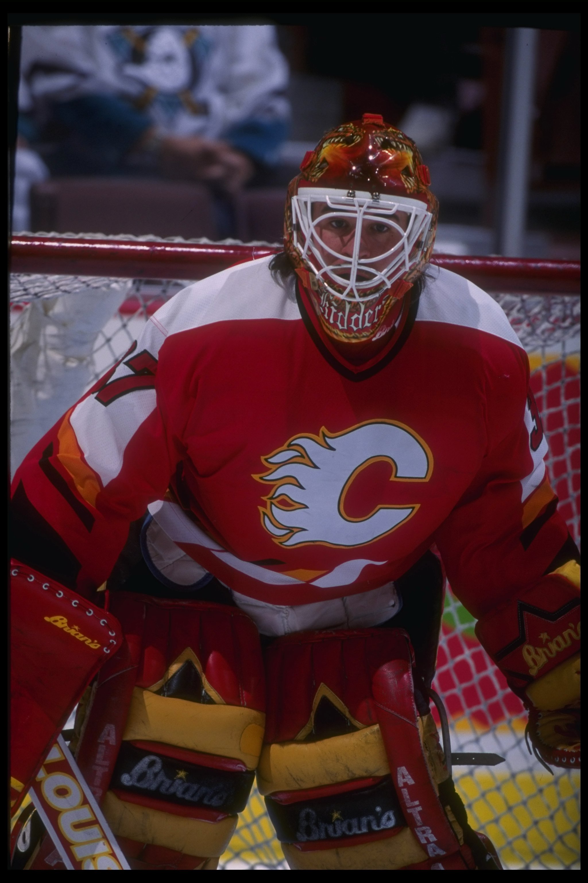 26 Feb 1996:  Goaltender Trevor Kidd of the Calgary Flames looks on during a game against the Anaheim Mighty Ducks at Arrowhead Pond in Anaheim, California.  The Flames won the game, 5-3. Mandatory Credit: Glenn Cratty/Allsport
