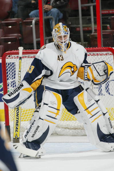 PHILADELPHIA - NOVEMBER 11:  Goaltender Martin Biron #43 of Buffalo Sabres warms-up during the NHL game against the Philadelphia Flyers at the Wachovia Center on November 11, 2006 in Philadelphia, Pennsylvania. The Sabres defeated the Flyers 5 to 4 in OT.