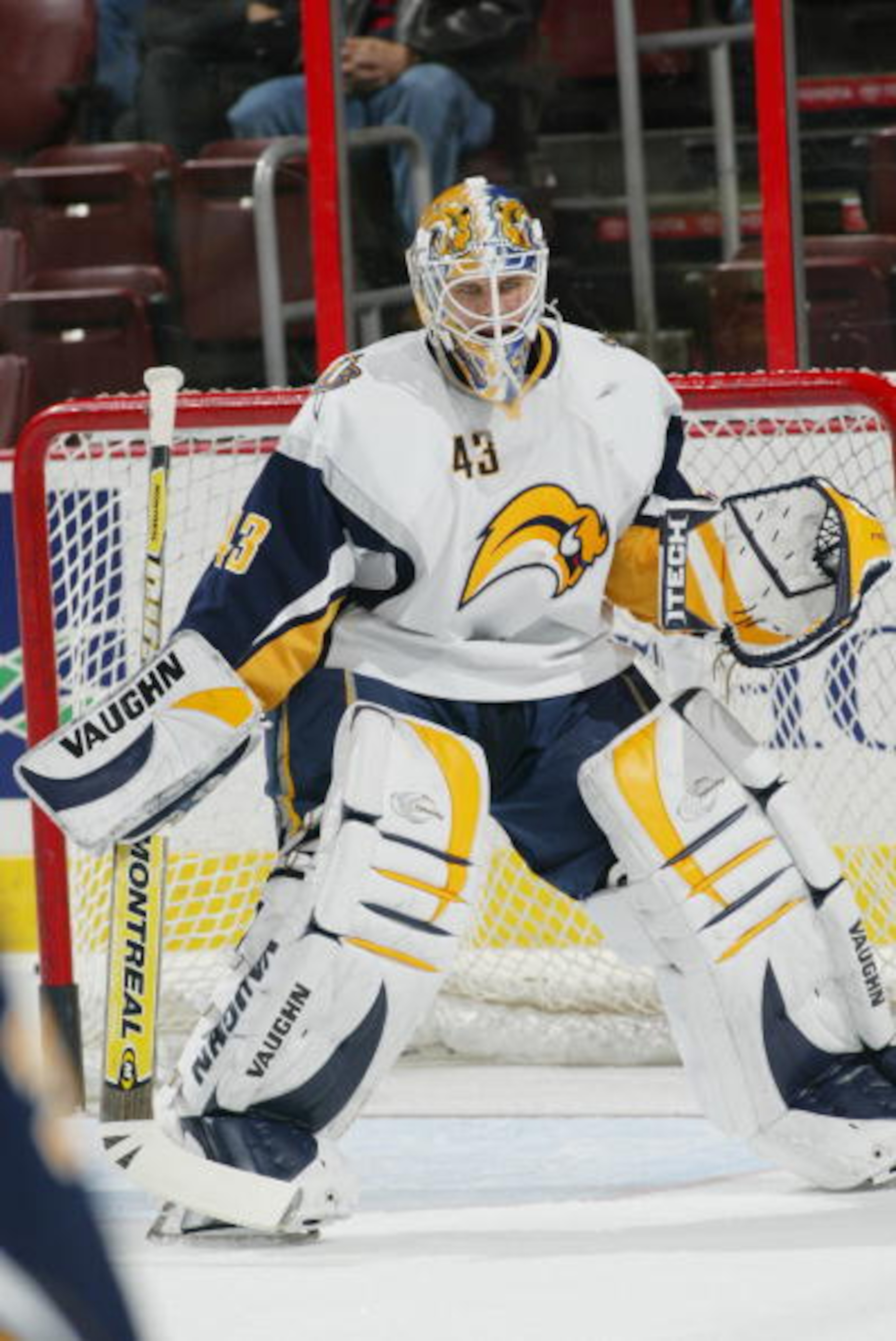 PHILADELPHIA - NOVEMBER 11:  Goaltender Martin Biron #43 of Buffalo Sabres warms-up during the NHL game against the Philadelphia Flyers at the Wachovia Center on November 11, 2006 in Philadelphia, Pennsylvania. The Sabres defeated the Flyers 5 to 4 in OT.
