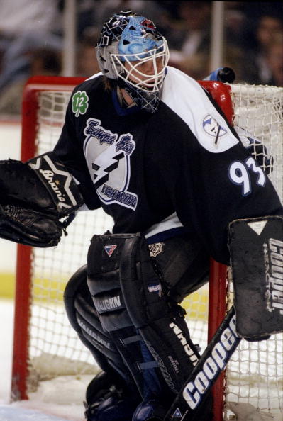 5 Nov 1997:  Goaltender Daren Puppa of the Tampa Bay Lightning in action against the Anaheim Mighty Ducks during a game at Arrowhead Pond in Anaheim, California.  The Ducks defeated the Lightning 5-2. Mandatory Credit: Elsa Hasch  /Allsport