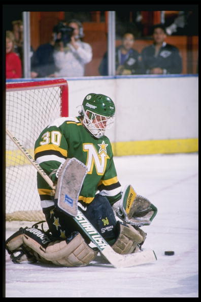 1991:  Goaltender Jon Casey of the Minnesota North Stars makes a save during a game. Mandatory Credit: Tim DeFrisco  /Allsport