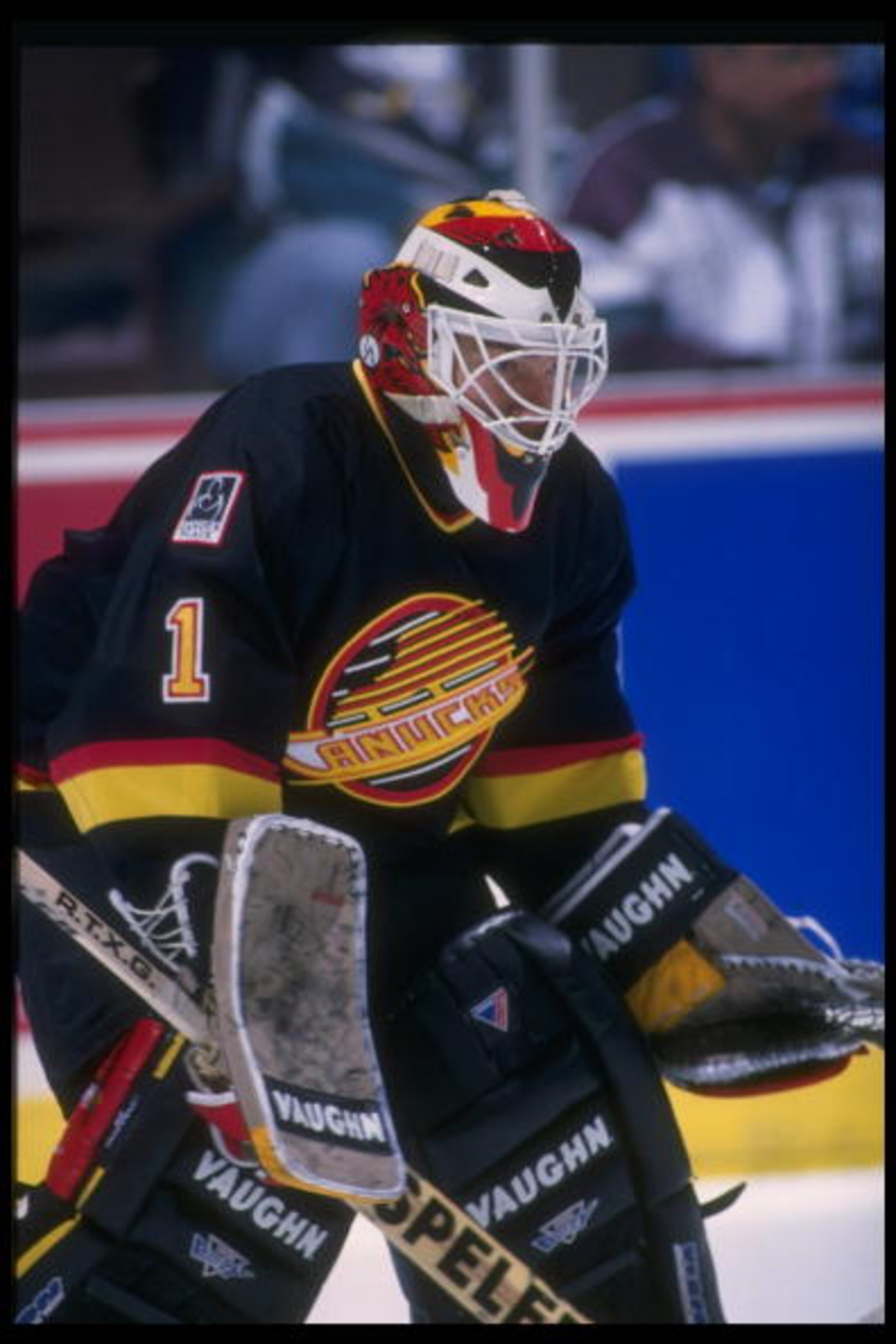 18 Oct 1995:  Goaltender Kirk McLean of the Vancouver Canucks looks on during a game against the Anaheim Mighty Ducks at Arrowhead Pond in Anaheim, California.  The Canucks won the game, 5-1. Mandatory Credit: Glenn Cratty  /Allsport