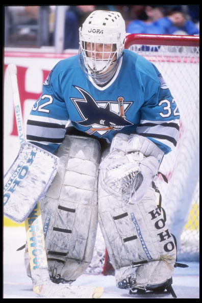 17 Apr 1995:  Goaltender Arturs Irbe of the San Jose Sharks looks on during a game against the Anaheim Mighty Ducks at the San Jose Arena in San Jose, California.  The Ducks won the game, 3-0. Mandatory Credit: Al Bello  /Allsport