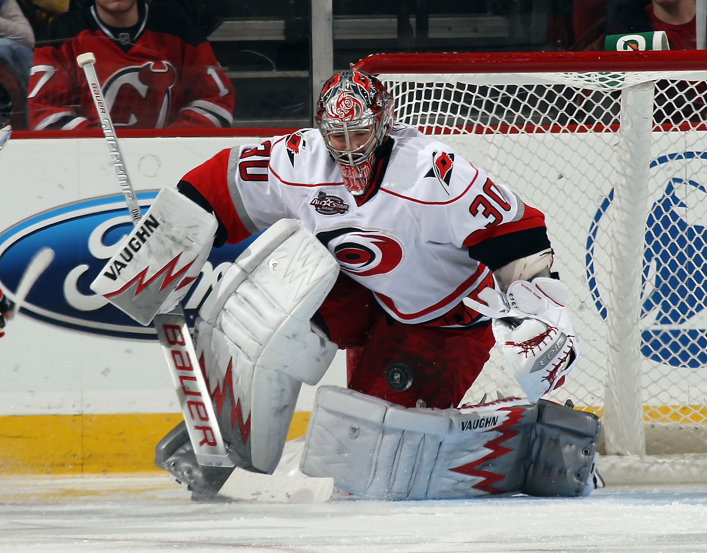 NEWARK, NJ - FEBRUARY 16:  Cam Ward #30 of the Carolina Hurricanes tends net against the New Jersey Devils at the Prudential Center on February 16, 2011 in Newark, New Jersey.  (Photo by Bruce Bennett/Getty Images)