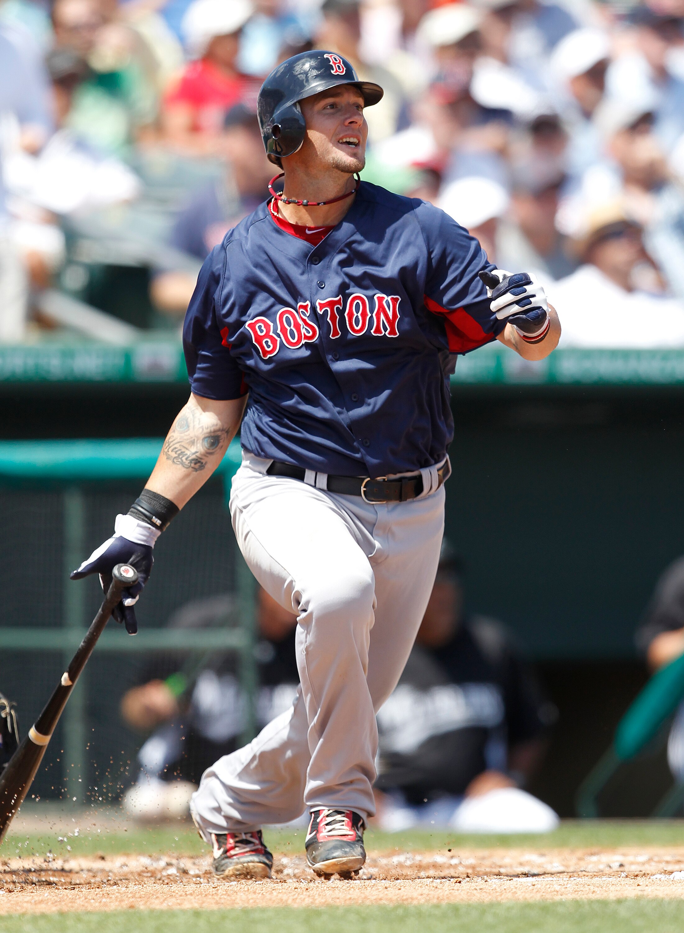 JUPITER, FL - MARCH 24: Jarrod Saltalamacchia #39 of the Boston Red Sox hits a home run against the Florida Marlins in the second inning at Roger Dean Stadium on March 24, 2011 in Jupiter, Florida. (Photo by Joel Auerbach/Getty Images)