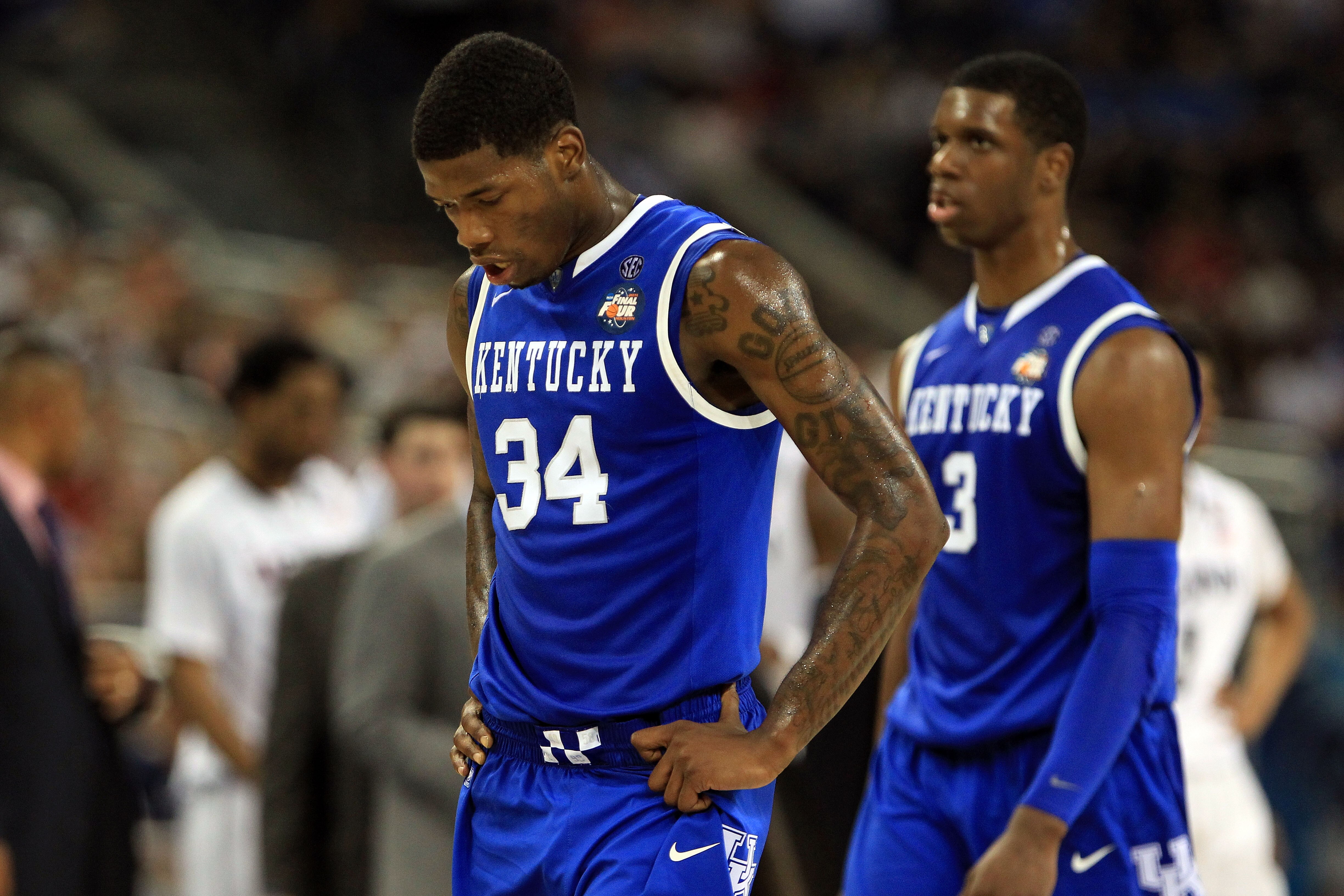 HOUSTON, TX - APRIL 02:  DeAndre Liggins #34 of the Kentucky Wildcats looks on Connecticut Huskies during the National Semifinal game of the 2011 NCAA Division I Men's Basketball Championship at Reliant Stadium on April 2, 2011 in Houston, Texas.  (Photo