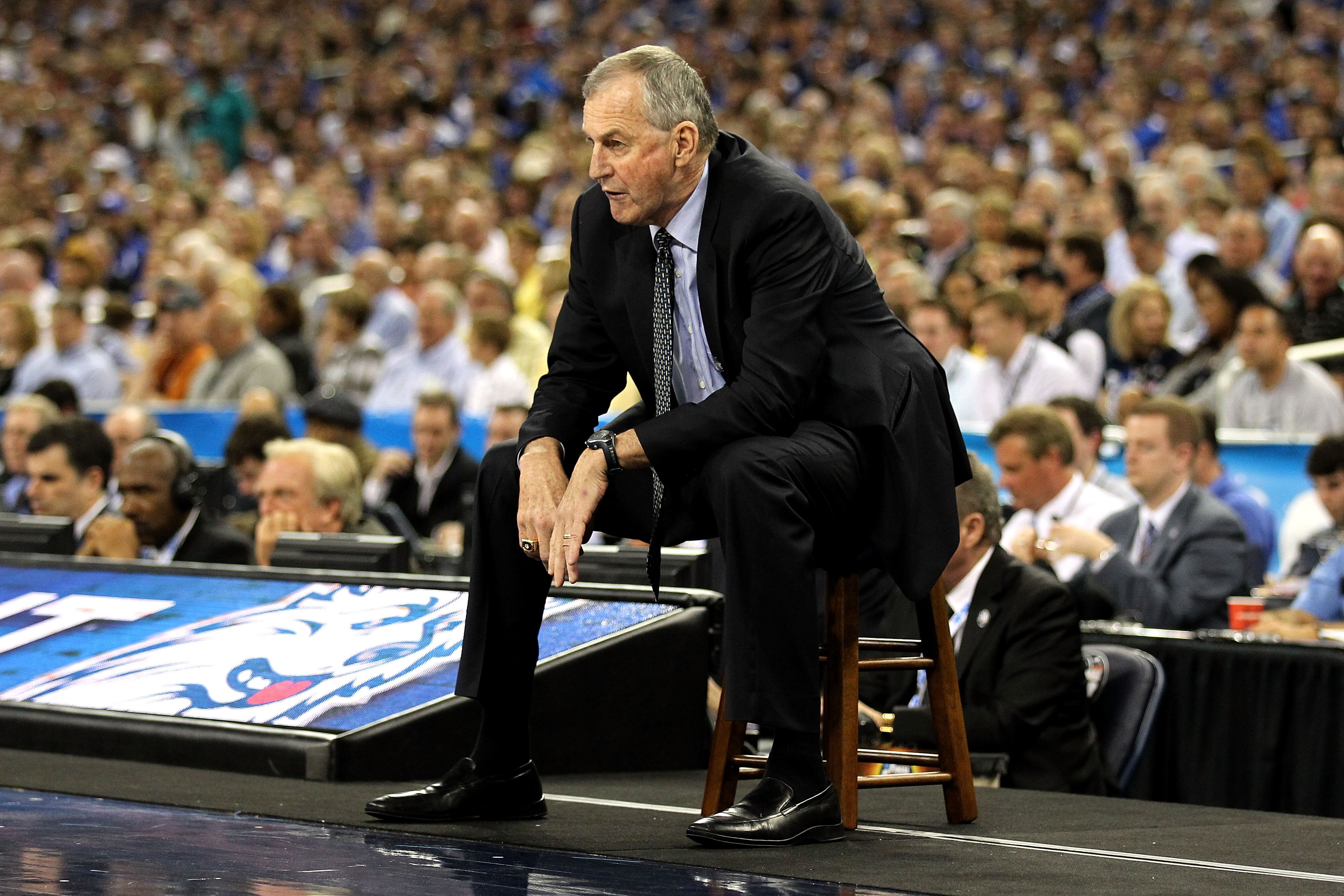 HOUSTON, TX - APRIL 02:  Head coach Jim Calhoun of the Connecticut Huskies looks on from the sidelines while taking on the Kentucky Wildcats during the National Semifinal game of the 2011 NCAA Division I Men's Basketball Championship at Reliant Stadium on