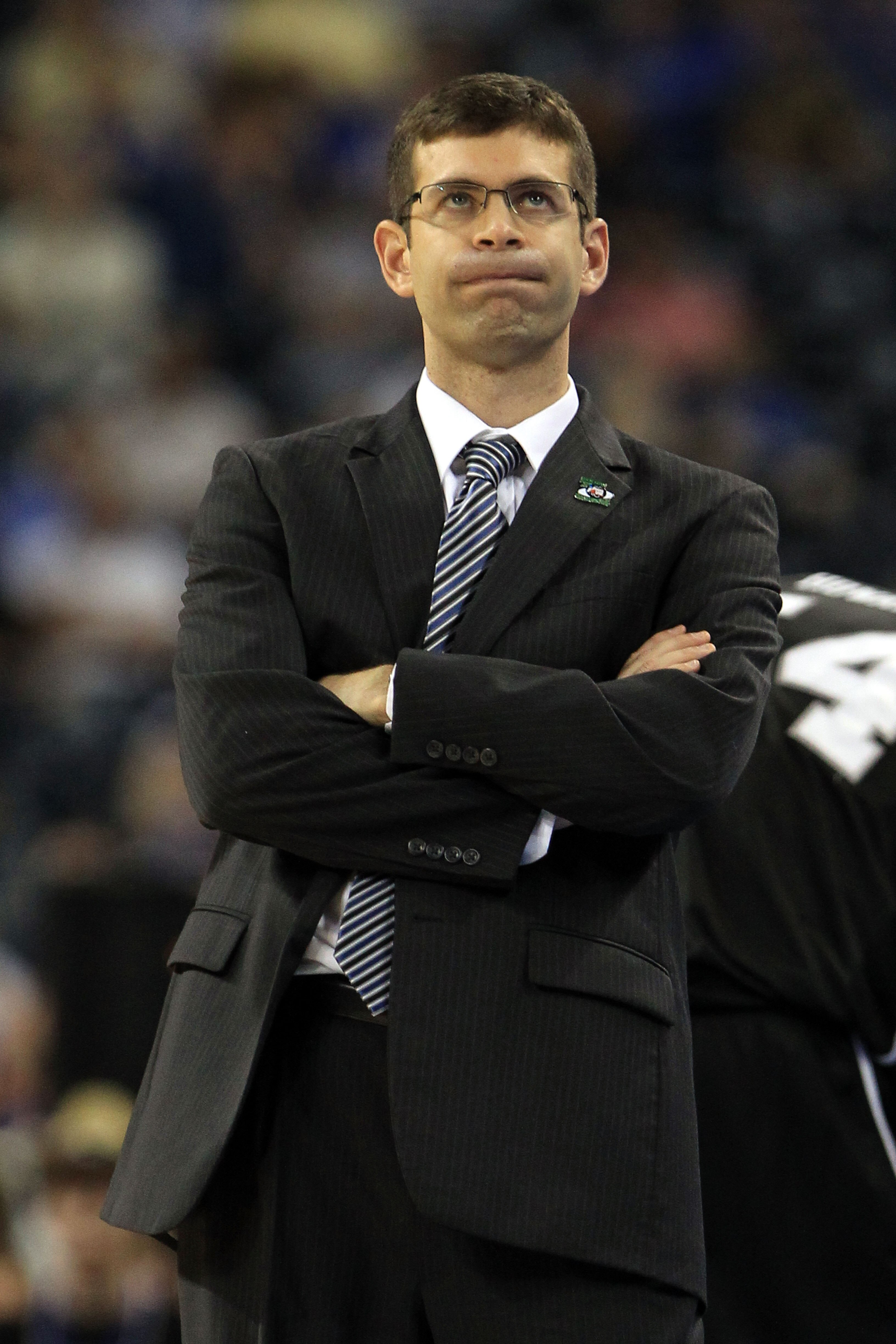 HOUSTON, TX - APRIL 04:  Head coach Brad Stevens of the Butler Bulldogs looks on during the National Championship Game of the 2011 NCAA Division I Men's Basketball Tournament at Reliant Stadium on April 4, 2011 in Houston, Texas.  (Photo by Streeter Lecka