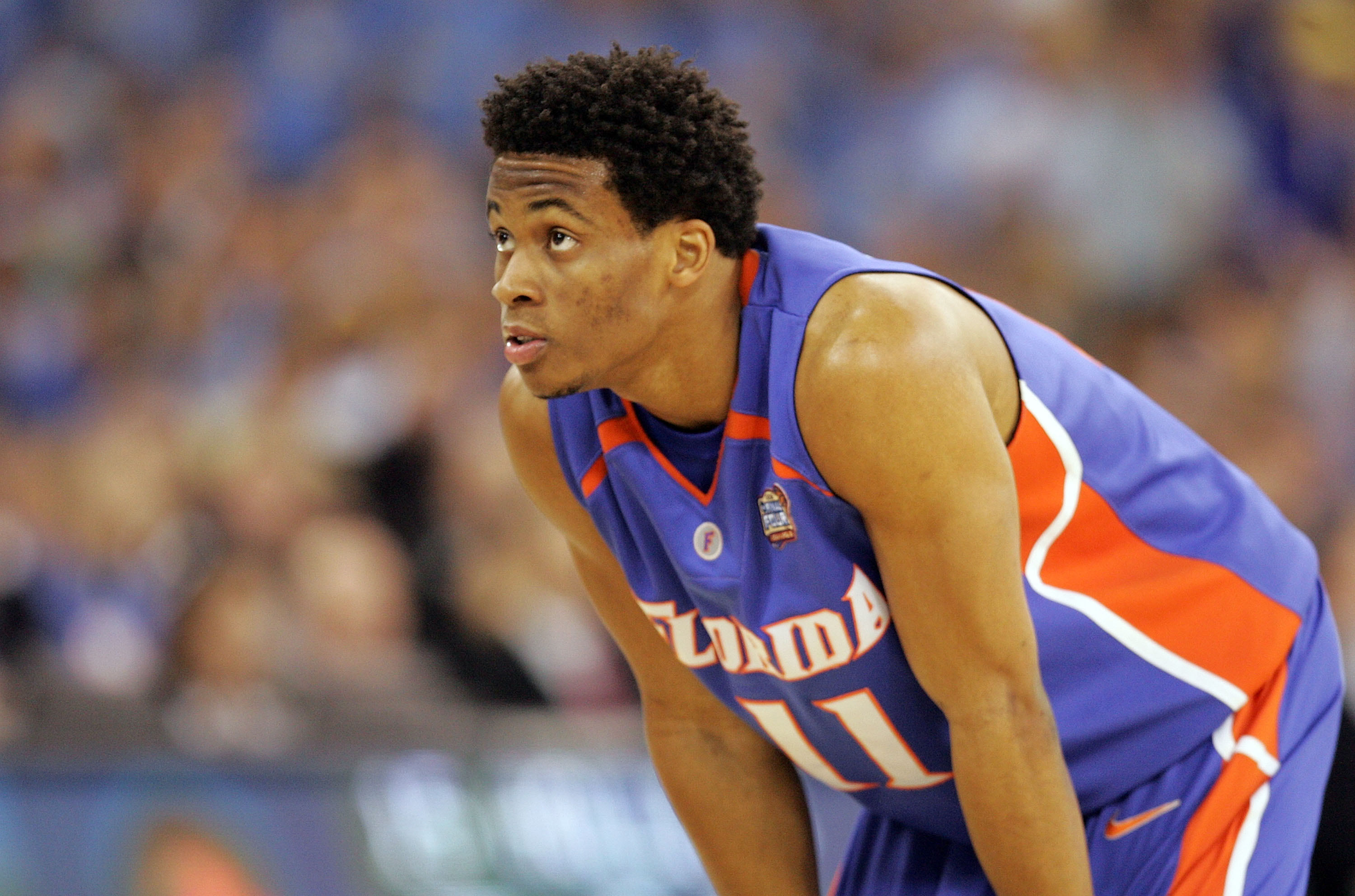 INDIANAPOLIS - APRIL 03:  Taurean Green #11 of the Florida Gators leans over against the UCLA Bruins during the National Championship game of the NCAA Men's Final Four on April 3, 2006 at the RCA Dome in Indianapolis, Indiana. The Gators defeated the Brui