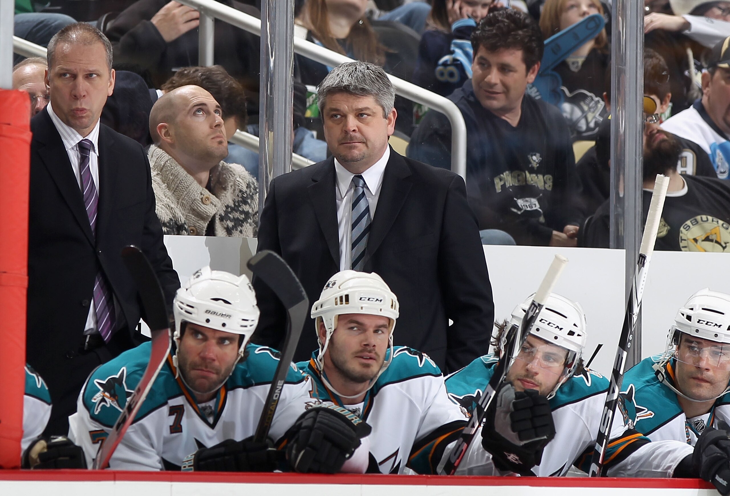 PITTSBURGH, PA - FEBRUARY 23:  Head coach Todd McLellan of the San Jose Sharks watches from the bench during the NHL game against the Pittsburgh Penguins at Consol Energy Center on February 23, 2011 in Pittsburgh, Pennsylvania.  The Sharks defeated the Pe