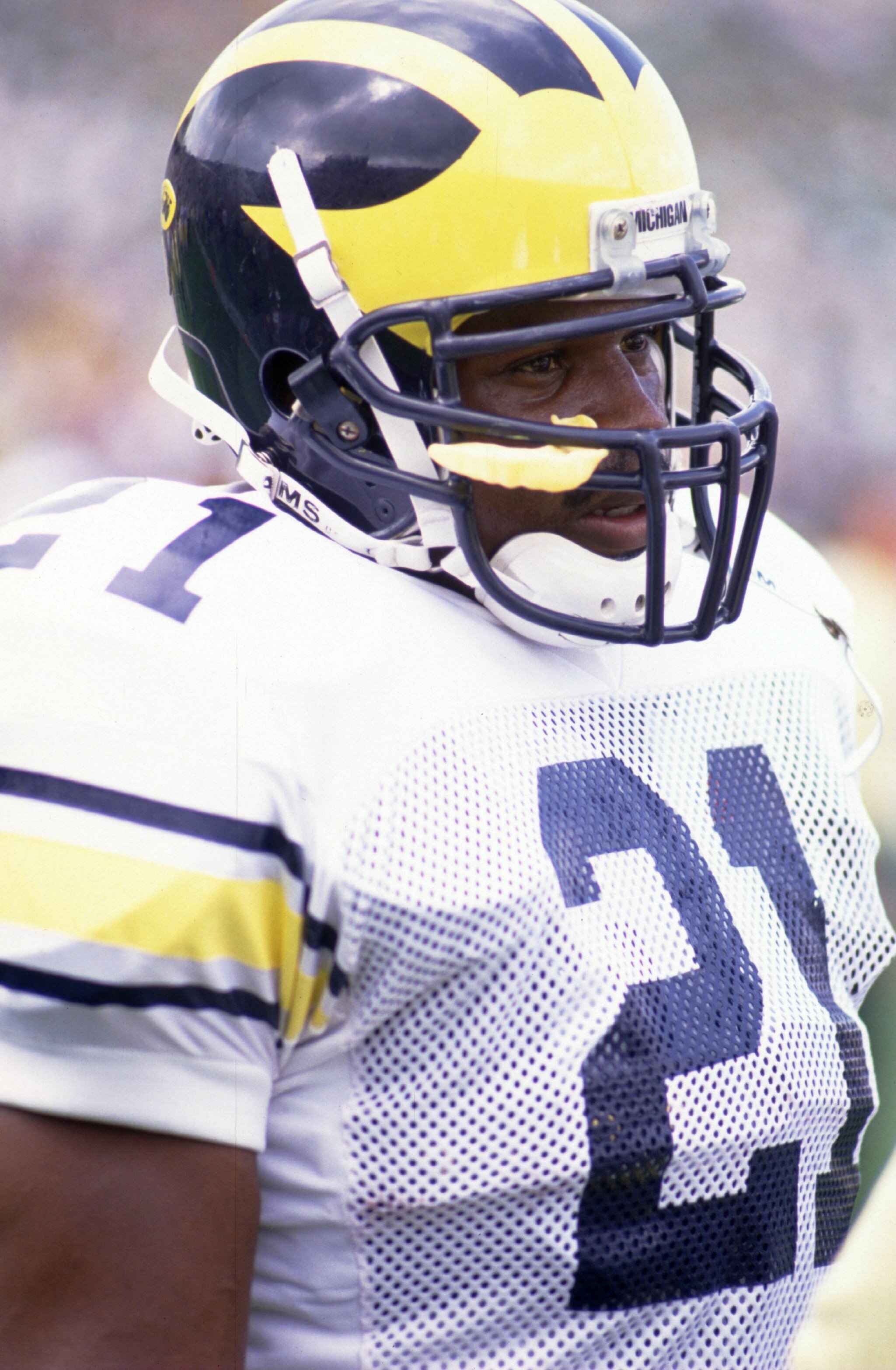 10 Sep 1994:  Running back Tim Biakabutuka of the University of Michigan on the sidelines during the Wolverines 26-24 win over Notre Dame at Notre Dame Stadium in South Bend, Indiana. Mandatory Credit: Jonathan Daniel/ALLSPORT
