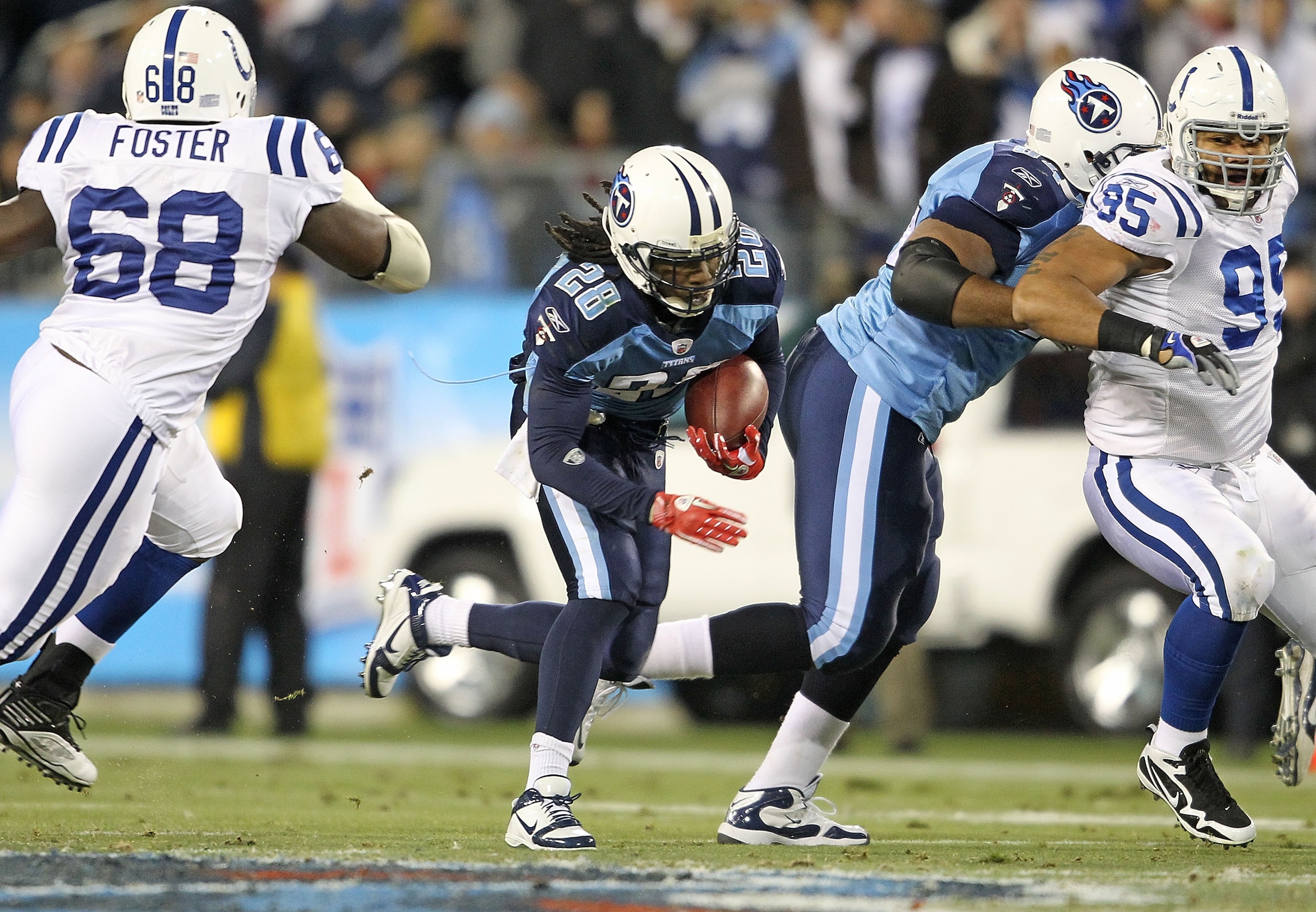 NASHVILLE, TN - DECEMBER 09: Chris Johnson #28 of the Tennessee Titans runs with the ball against the Indianapolis Colts during the NFL game at LP Field on December 9, 2010 in Nashville, Tennessee. (Photo by Andy Lyons/Getty Images) NASHVILLE, TN - DECEMBER 09: Chris Johnson #28 of the Tennessee Titans runs with the ball against the Indianapolis Colts during the NFL game at LP Field on December 9, 2010 in Nashville, Tennessee. (Photo by Andy Lyons/Getty Images)