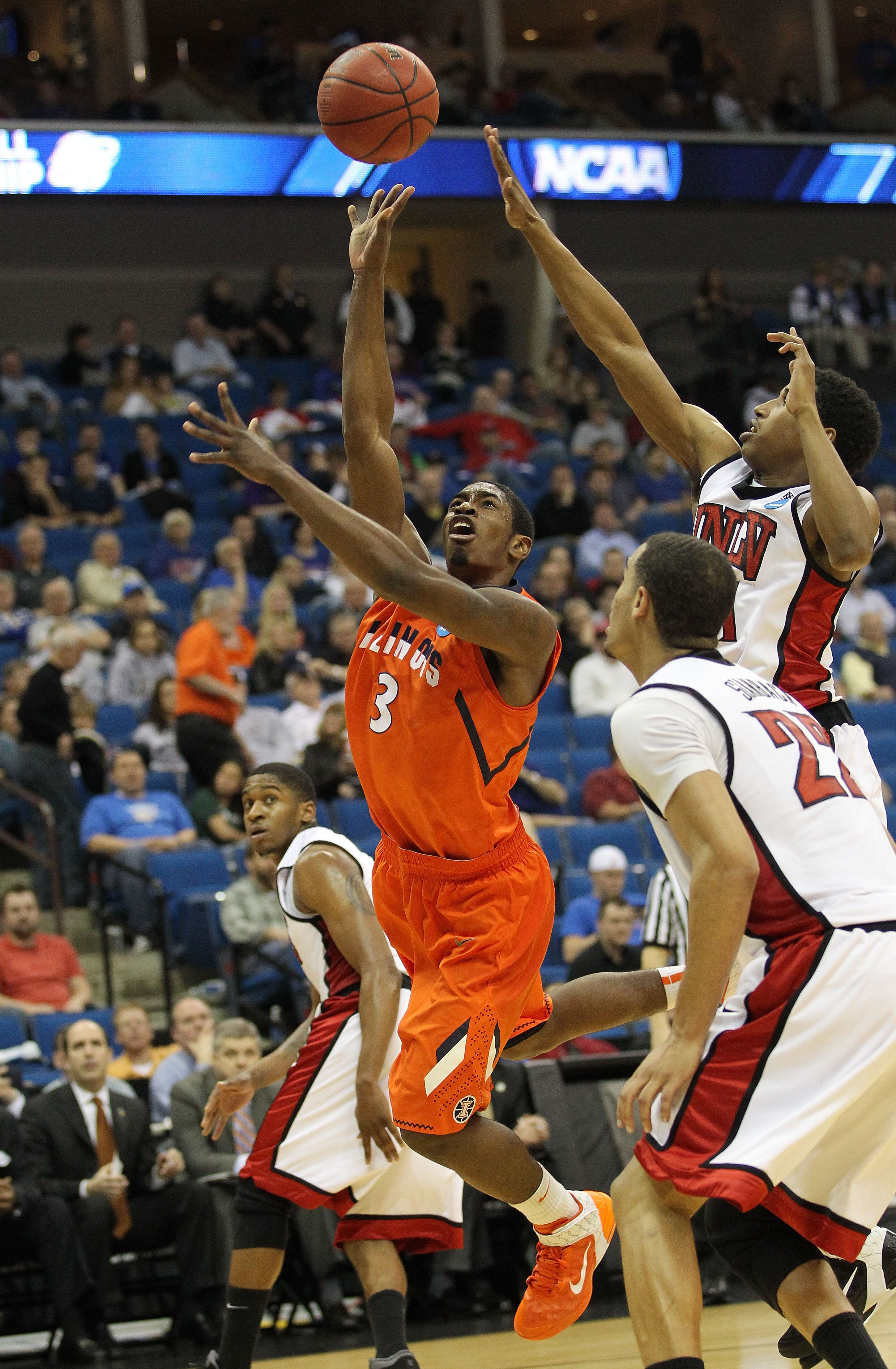 TULSA, OK - MARCH 18:  Brandon Paul #3 of the Illinois Fighting Illini goes up for a shot against the UNLV Rebels during the second round of the 2011 NCAA men's basketball tournament at BOK Center on March 18, 2011 in Tulsa, Oklahoma.  (Photo by Ronald Ma