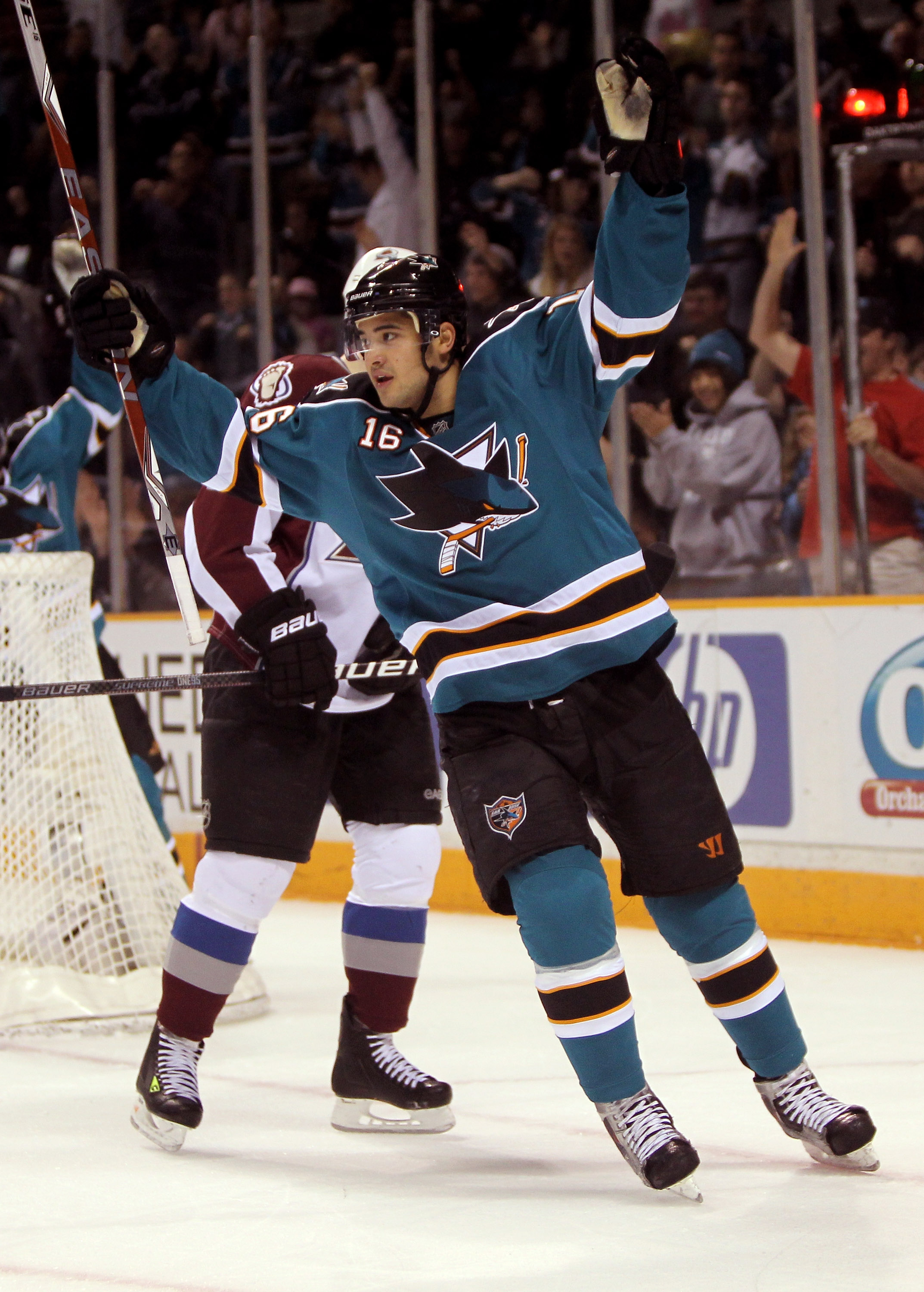 SAN JOSE, CA - MARCH 28:  Devin Setoguchi #16 of the San Jose Sharks celebrates after he scored a goal against the Colorado Avalanche at HP Pavilion on March 28, 2010 in San Jose, California.  (Photo by Ezra Shaw/Getty Images)