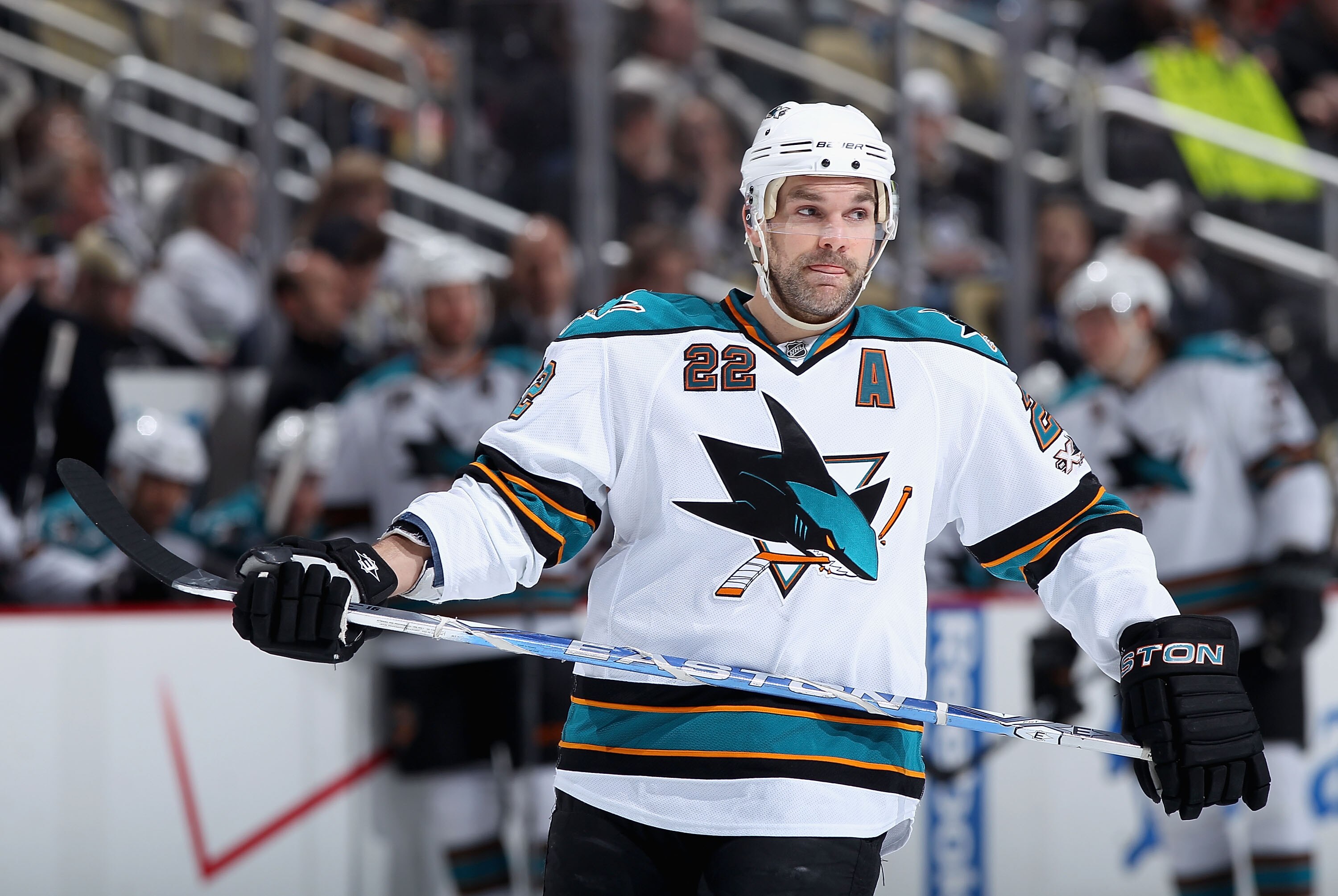 PITTSBURGH, PA - FEBRUARY 23:  Dan Boyle #22 of the San Jose Sharks during the NHL game against the Pittsburgh Penguins at Consol Energy Center on February 23, 2011 in Pittsburgh, Pennsylvania. The Sharks defeated the Penguins 3-2 in overtime.  (Photo by