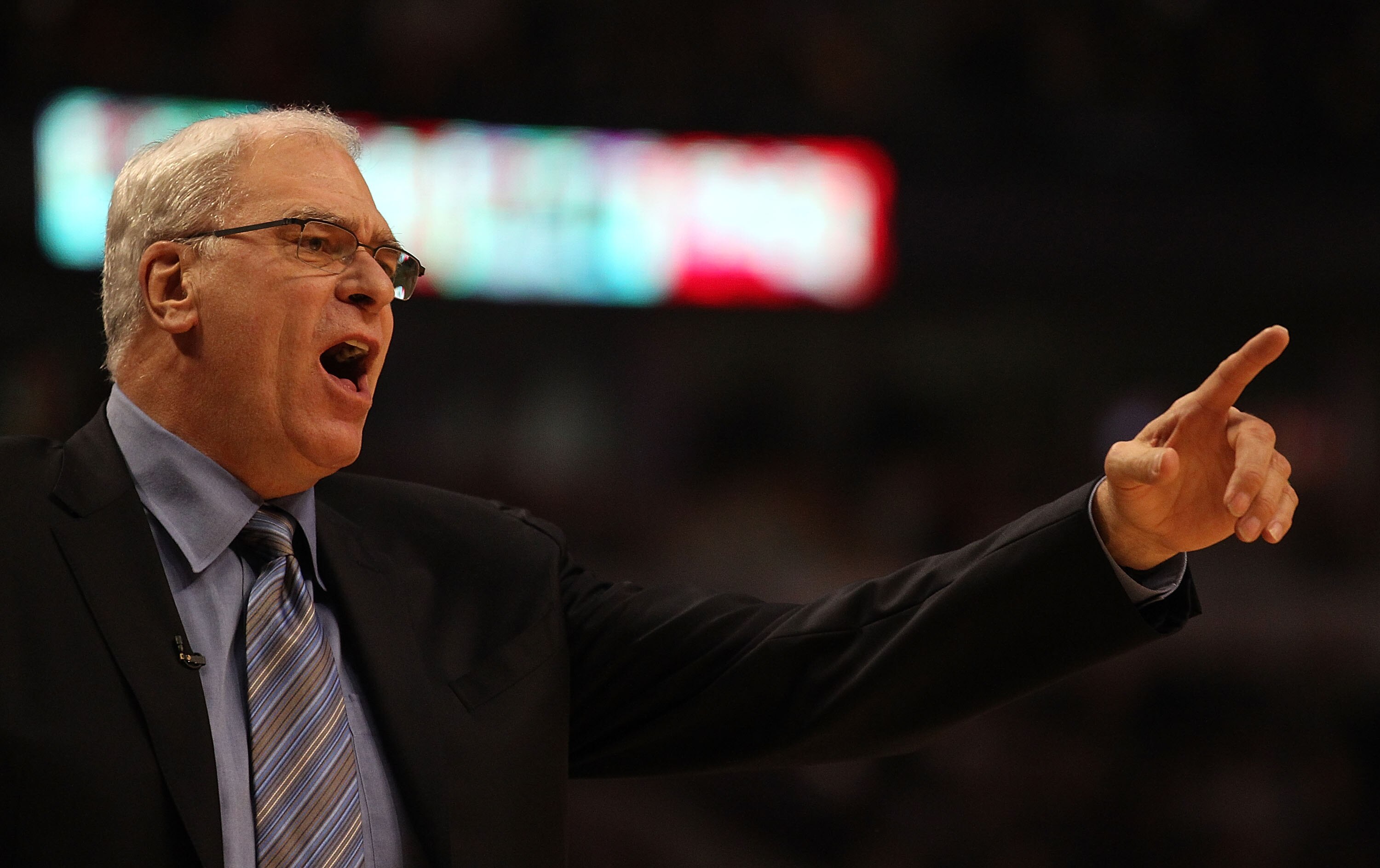 CHICAGO, IL - DECEMBER 10: Head coach Phil Jackson of the Los Angeles Lakers yells at a referee during a game against the Chicago Bulls at the United Center on December 10, 2010 in Chicago, Illinois. NOTE TO USER: User expressly acknowledges and agrees th