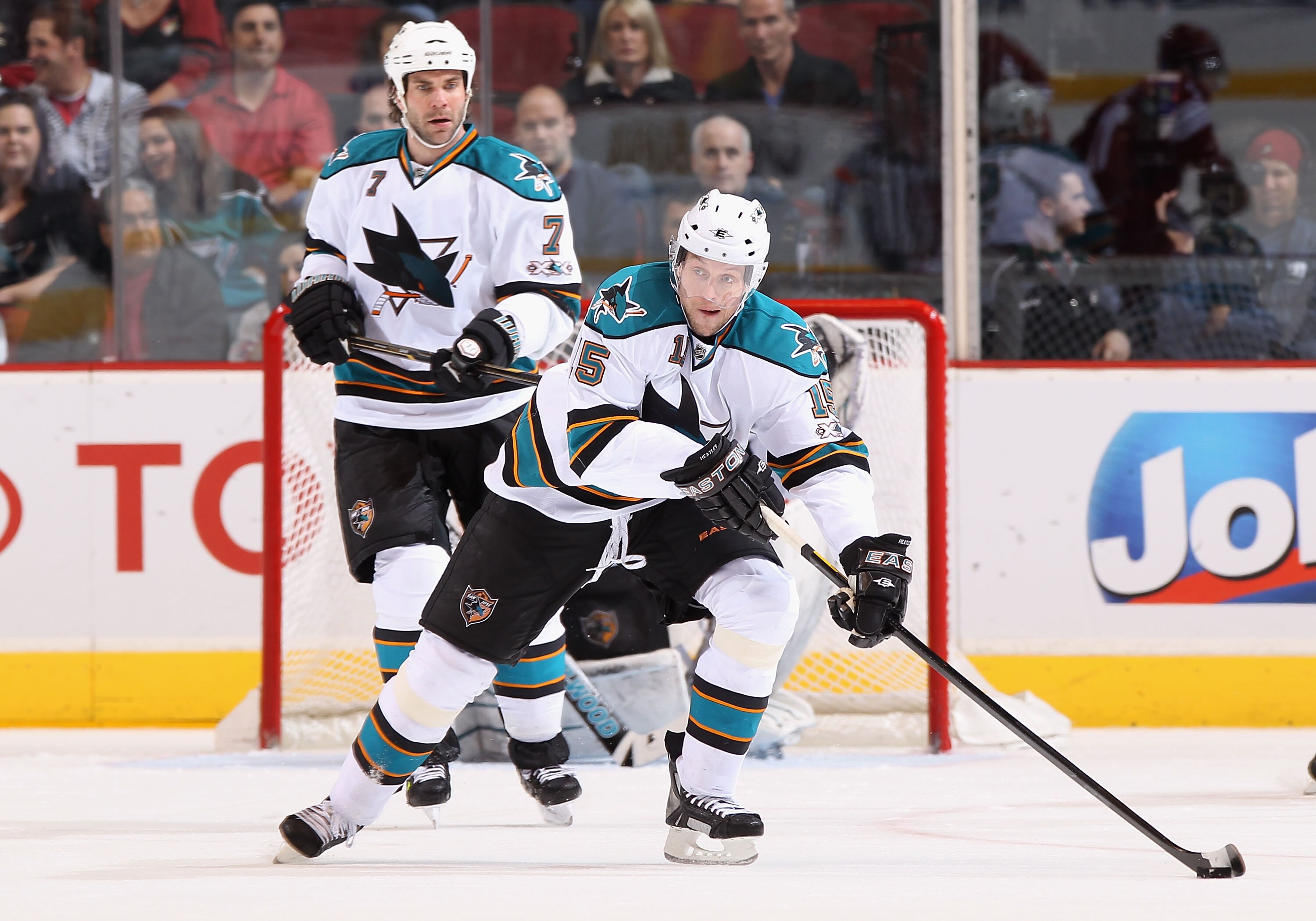 GLENDALE, AZ - MARCH 26:  Dany Heatley #15 of the San Jose Sharks skates with the puck during the NHL game against the Phoenix Coyotes at Jobing.com Arena on March 26, 2011 in Glendale, Arizona. The Sharks defeated the Coyotes 4-1.  (Photo by Christian Pe