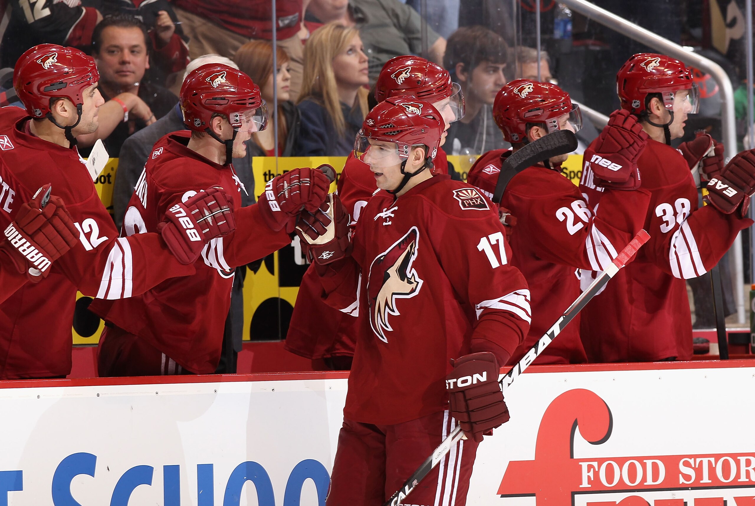 GLENDALE, AZ - APRIL 01:  Radim Vrbata #17 of the Phoenix Coyotes celebrates with teammates on the bench during the NHL game against the Colorado Avalanche at Jobing.com Arena on April 1, 2011 in Glendale, Arizona.  The Avalanche defeated the Coyotes 4-3