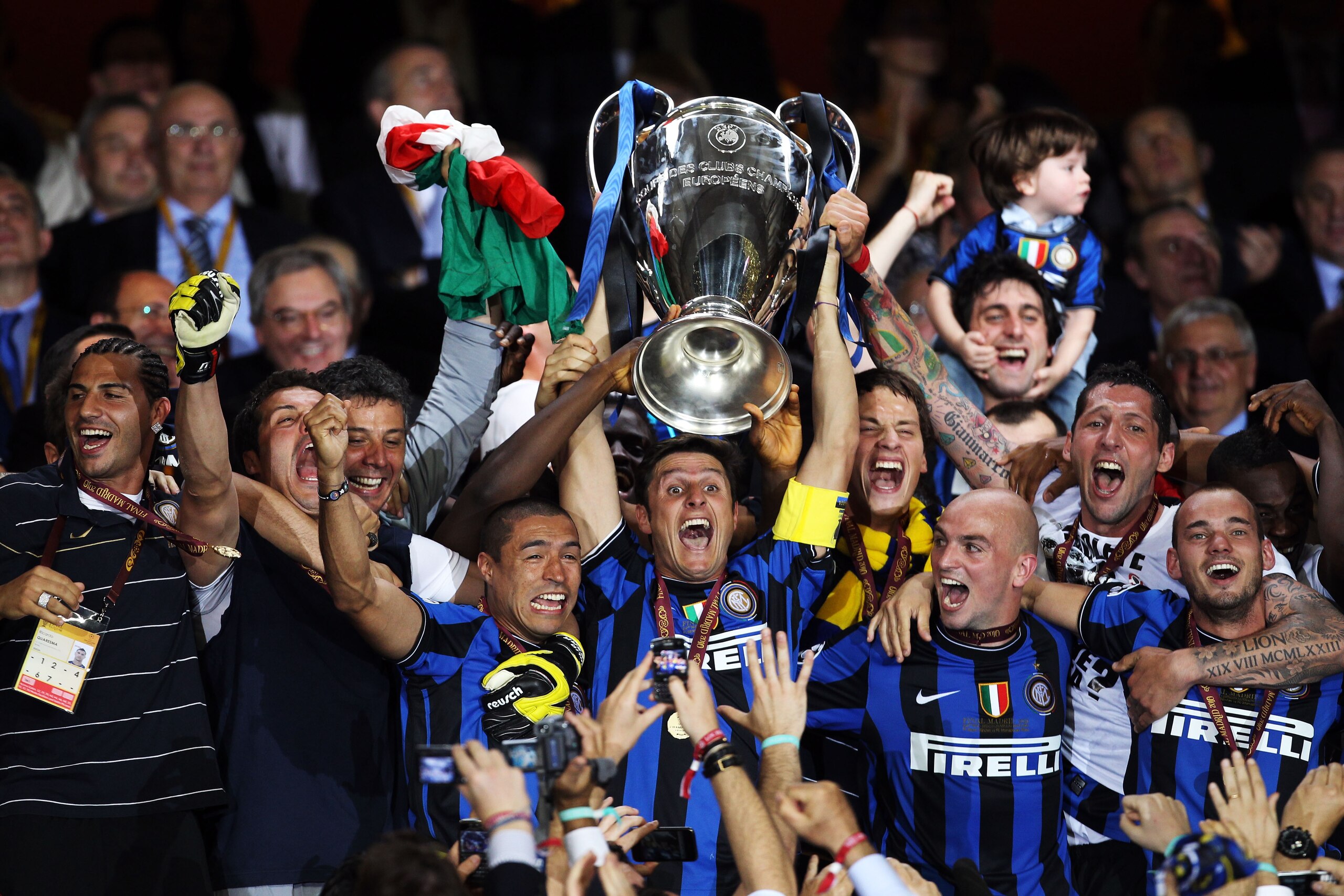 MADRID, SPAIN - MAY 22: Javier Zanetti of Inter Milan lifts the UEFA Champions League trophy following their team's victory at the end of the UEFA Champions League Final match between FC Bayern Muenchen and Inter Milan at the Estadio Santiago Bernabeu on MADRID, SPAIN - MAY 22: Javier Zanetti of Inter Milan lifts the UEFA Champions League trophy following their team's victory at the end of the UEFA Champions League Final match between FC Bayern Muenchen and Inter Milan at the Estadio Santiago Bernabeu on