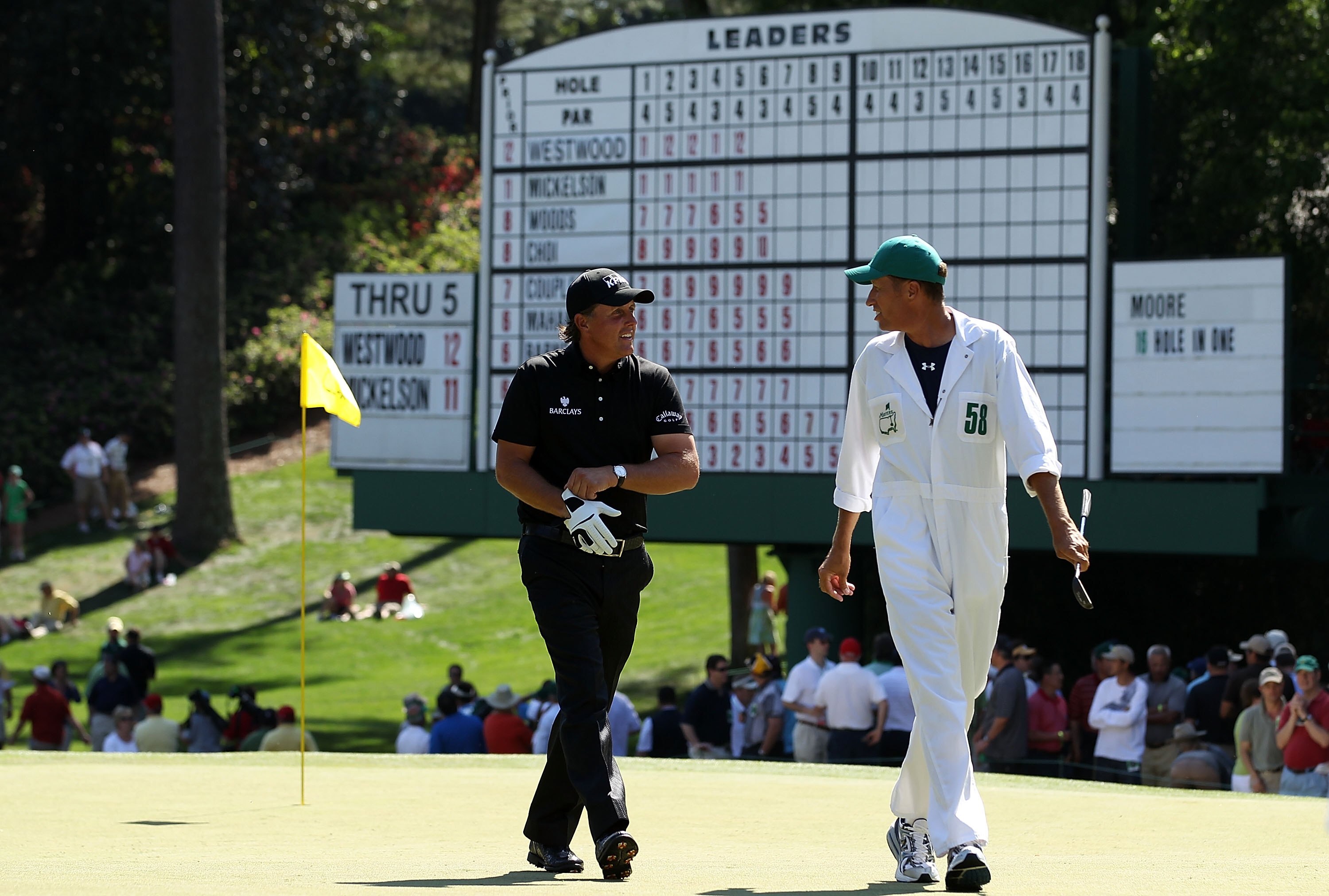 AUGUSTA, GA - APRIL 11:  Phil Mickelson and Jim McKay during the final round of the 2010 Masters Tournament at Augusta National Golf Club on April 11, 2010 in Augusta, Georgia.  (Photo by Streeter Lecka/Getty Images for Golf Week)