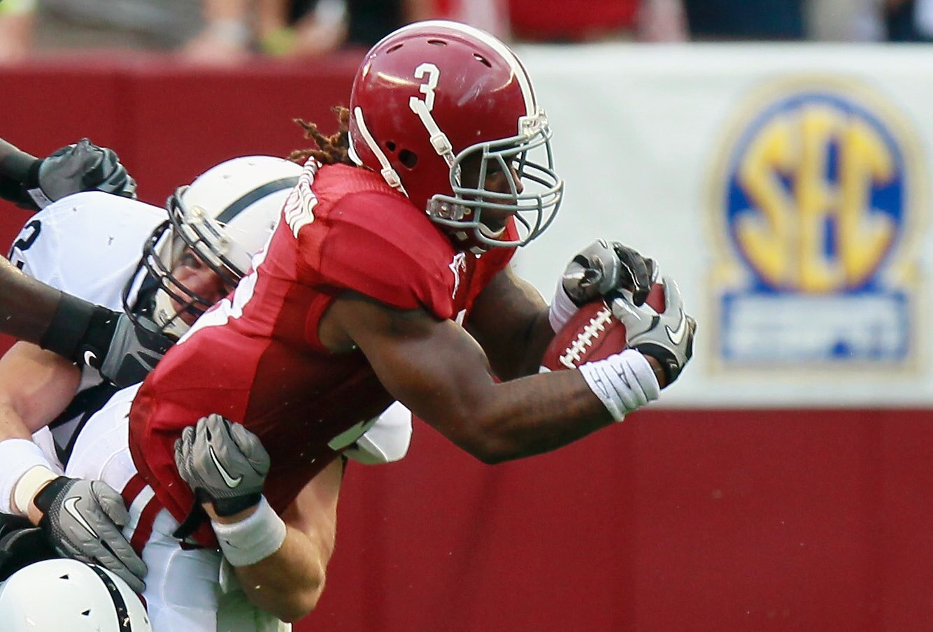 TUSCALOOSA, AL - SEPTEMBER 11:  Trent Richardson #3 of the Alabama Crimson Tide is tackled by Michael Mauti #42 of the Penn State Nittany Lions at Bryant-Denny Stadium on September 11, 2010 in Tuscaloosa, Alabama.  (Photo by Kevin C. Cox/Getty Images)