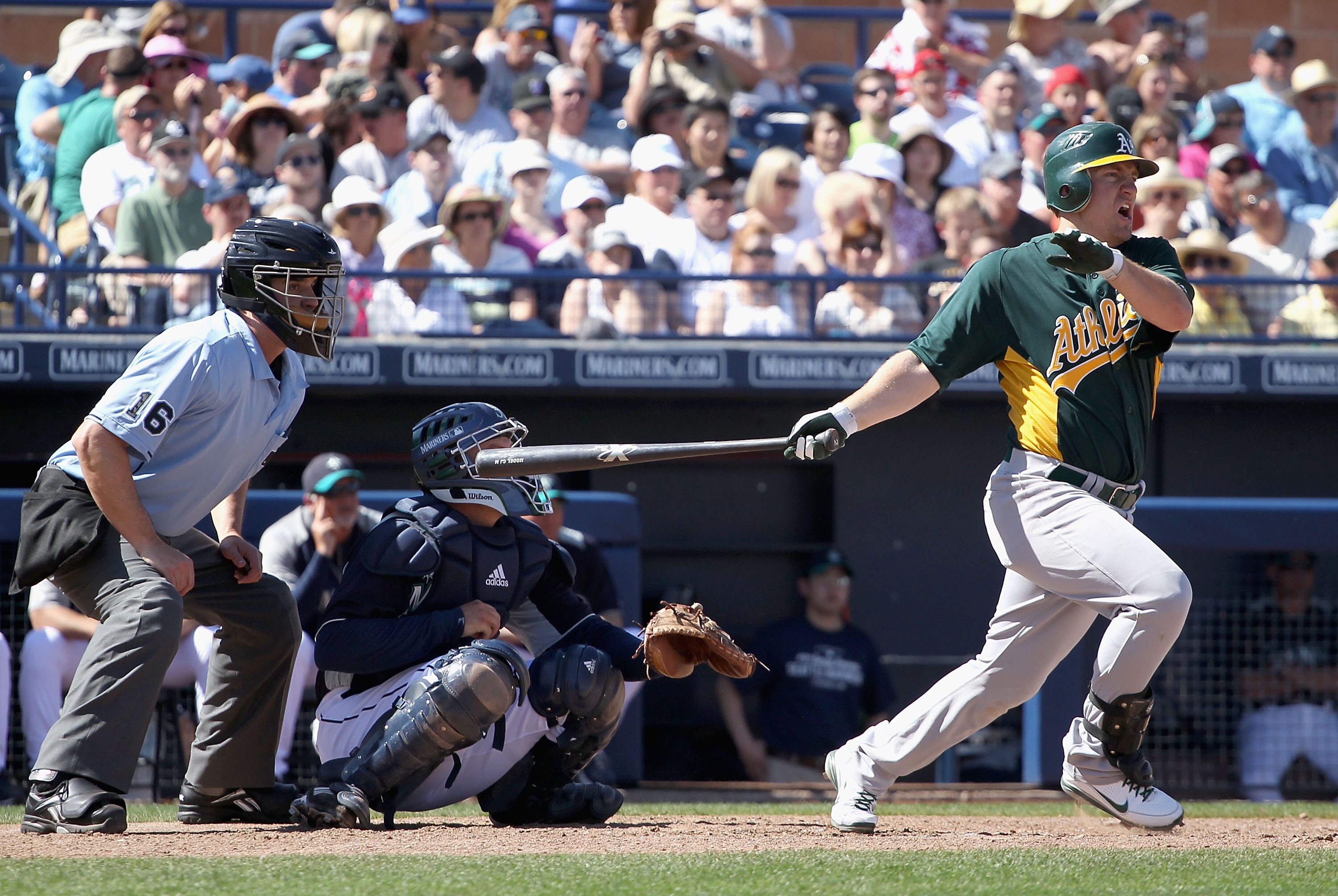 PEORIA, AZ - MARCH 12:  Cliff Pennington #2 of the Oakland Athletics bats against the Seattle Mariners during the spring training game at Peoria Stadium on March 12, 2011 in Peoria, Arizona.  (Photo by Christian Petersen/Getty Images)
