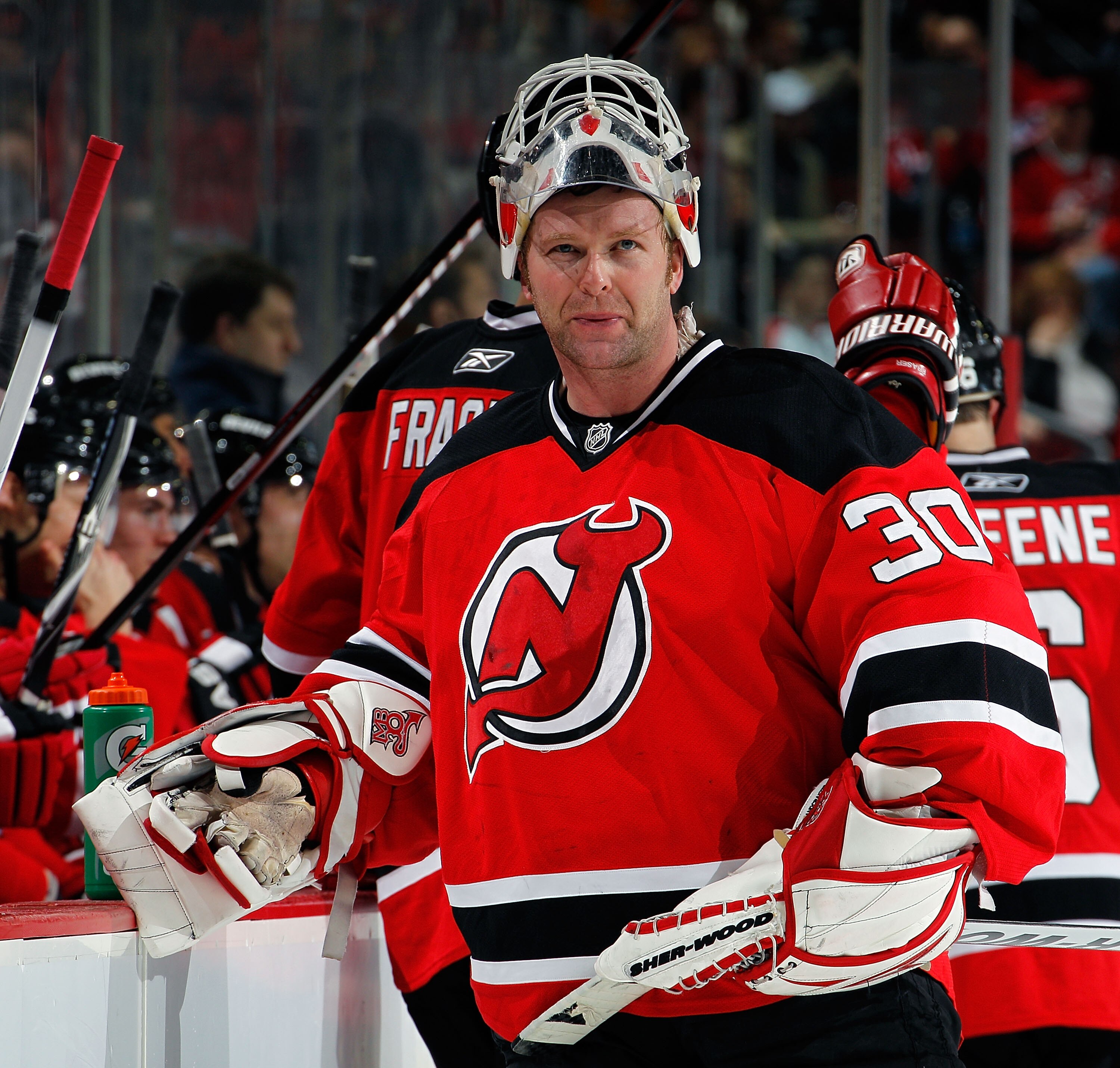 NEWARK, NJ - APRIL 02:  Goalie Martin Brodeur #30 of the New Jersey Devils takes a break during a timeout in the third period with his team losing 3-1 in an NHL hockey game against the Montreal Canadians at the Prudential Center on April 2, 2011 in Newark
