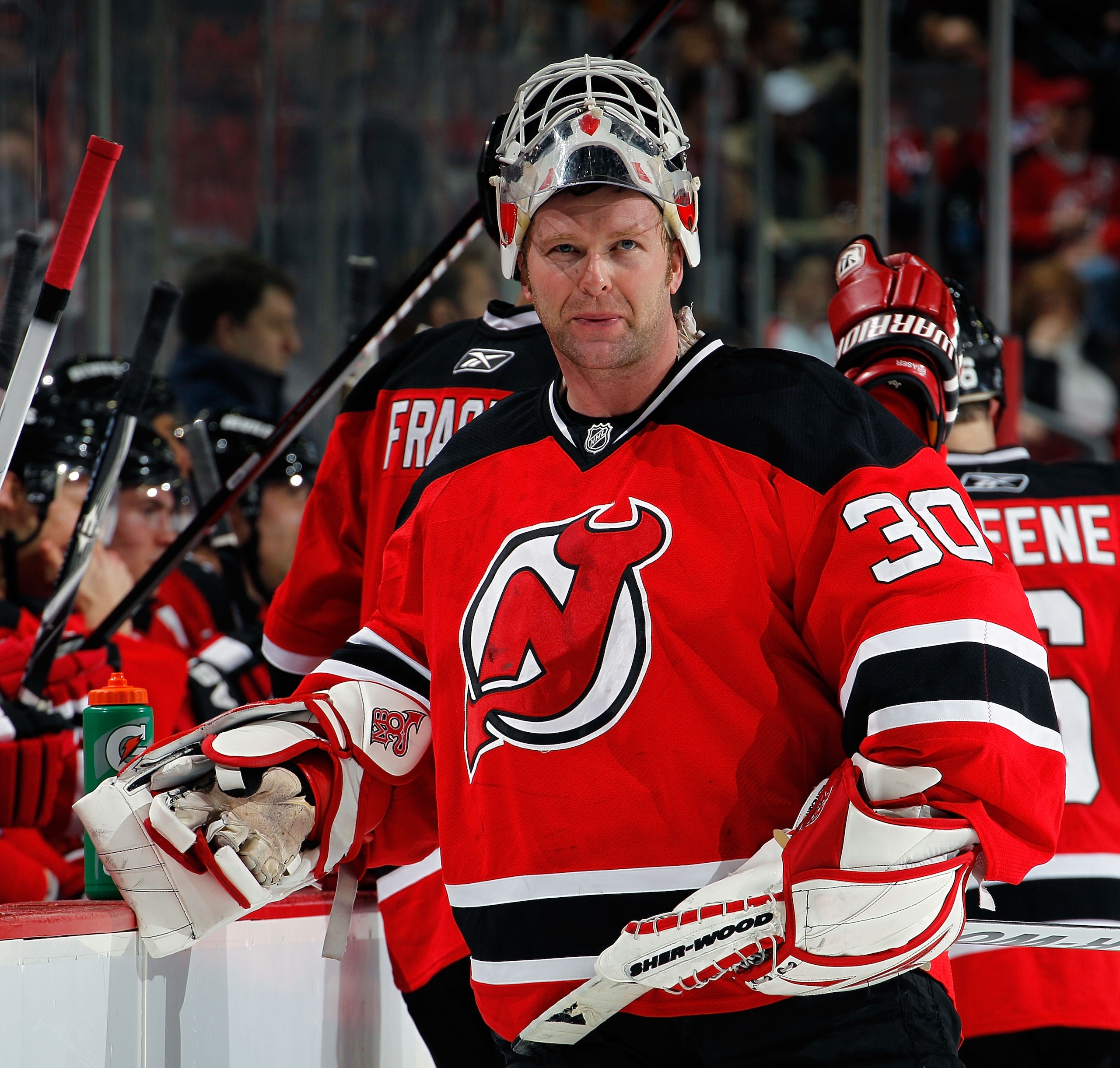 NEWARK, NJ - APRIL 02:  Goalie Martin Brodeur #30 of the New Jersey Devils takes a break during a timeout in the third period with his team losing 3-1 in an NHL hockey game against the Montreal Canadians at the Prudential Center on April 2, 2011 in Newark
