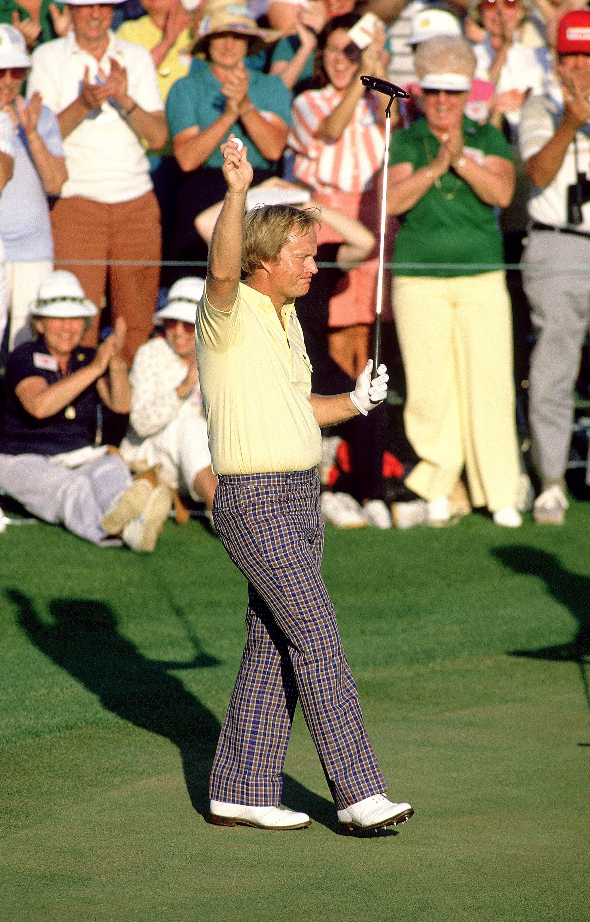 13 Apr 1986: Jack Nicklaus of the USA celebrates on the final green after victory in the US Masters at Augusta National in Georgia, USA. \ Mandatory Credit: David Cannon /Allsport