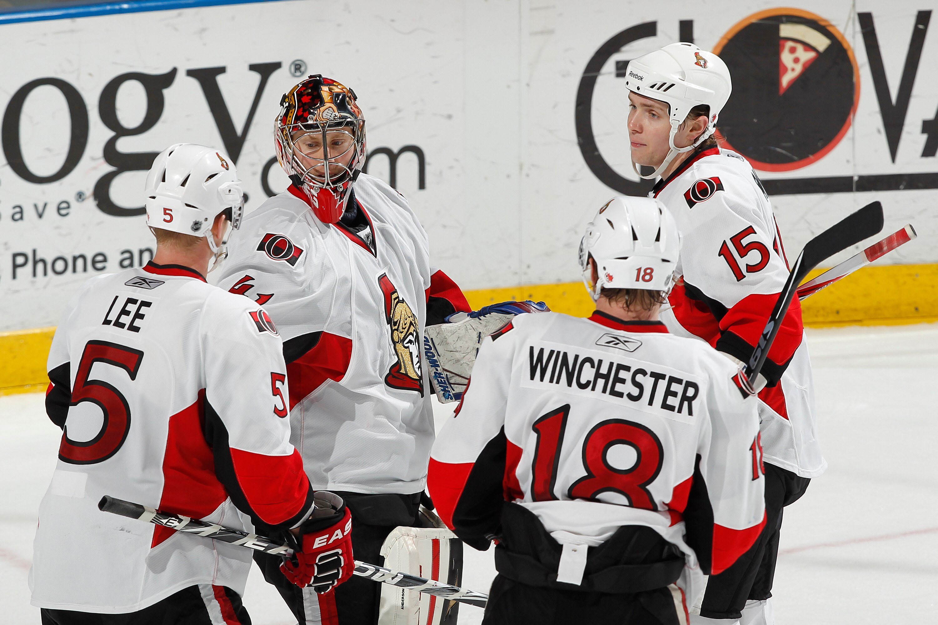 SUNRISE, FL - MARCH 31: Goaltender Craig Anderson #41 of the Ottawa Senators is congratulated by teammates after defeating the Florida Panthers on March 31, 2011 at the BankAtlantic Center in Sunrise, Florida. The Senators defeated the Panthers 4-1. (Phot