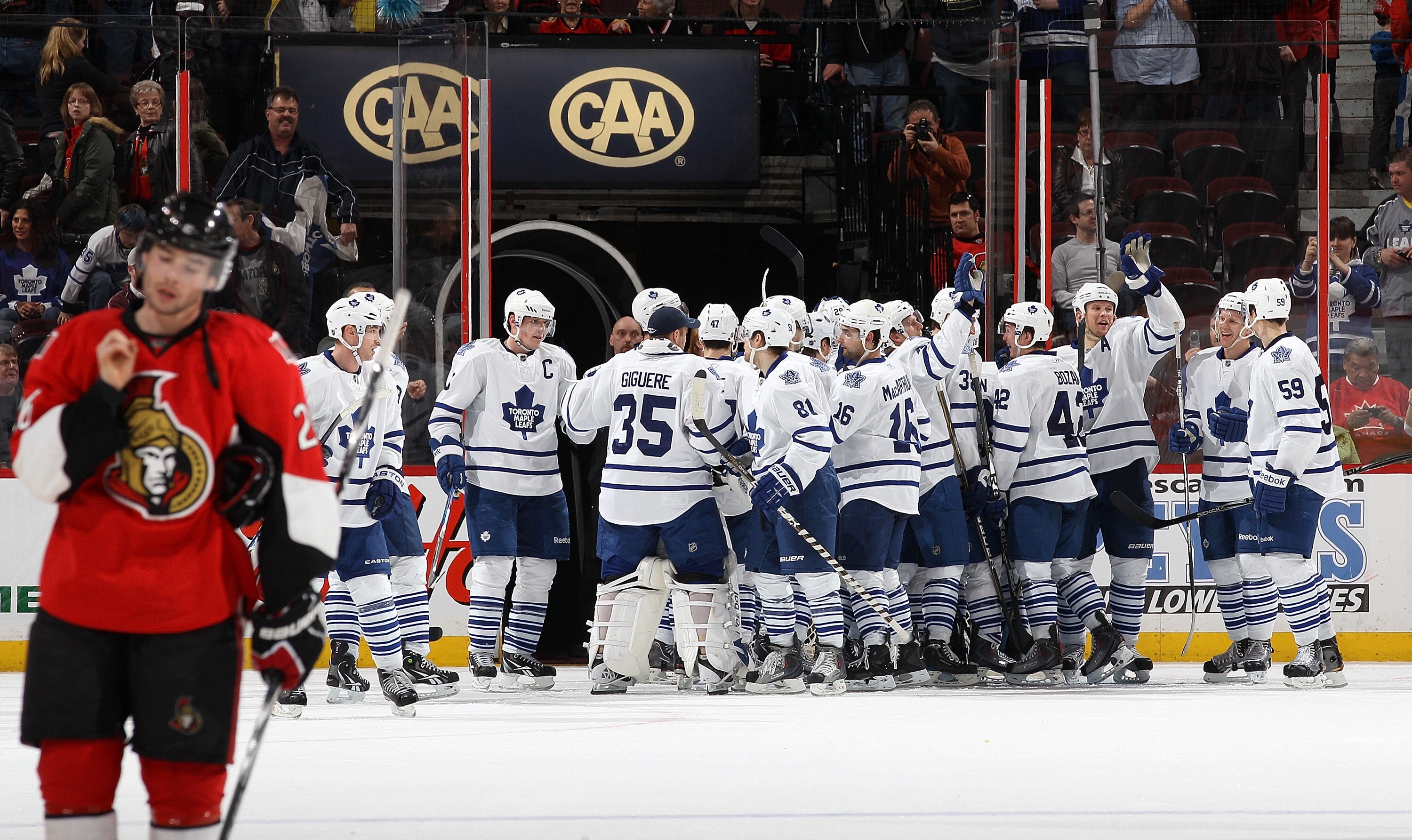 OTTAWA, CANADA - APRIL 2: Ryan Shannon #26 of the Ottawa Senators skates off the ice as the Toronto Maple Leafs celebrate their win at Scotiabank Place on April 2, 2011 in Ottawa, Ontario, Canada.  (Photo by Jana Chytilova/Freestyle Photography/Getty Imag