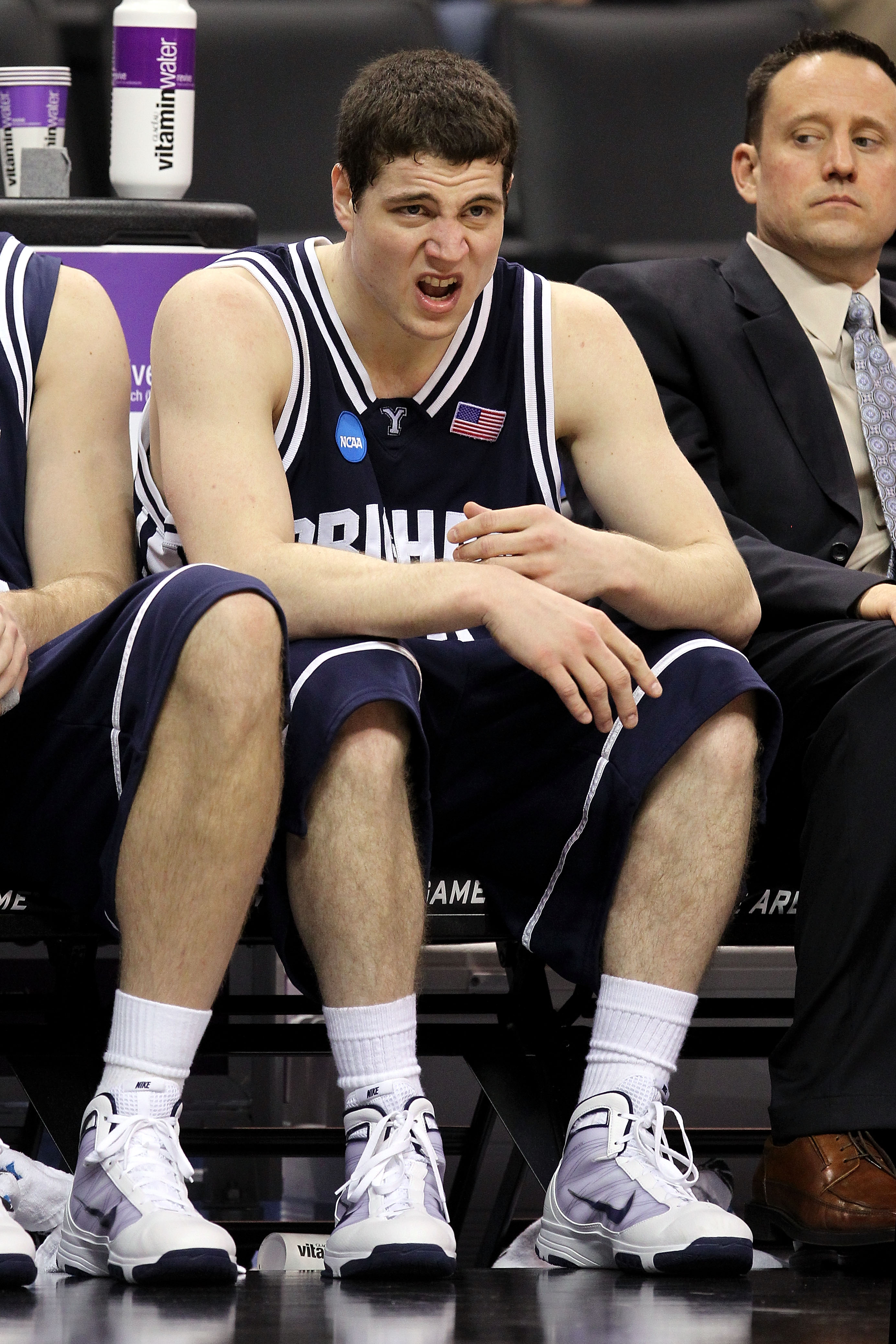 OKLAHOMA CITY - MARCH 20:  Jimmer Fredette #32 of the Brigham Young Cougars looks on dejected from the bench against the Kansas State Wildcats during the second round of the 2010 NCAA men's basketball tournament at Ford Center on March 20, 2010 in Oklahom