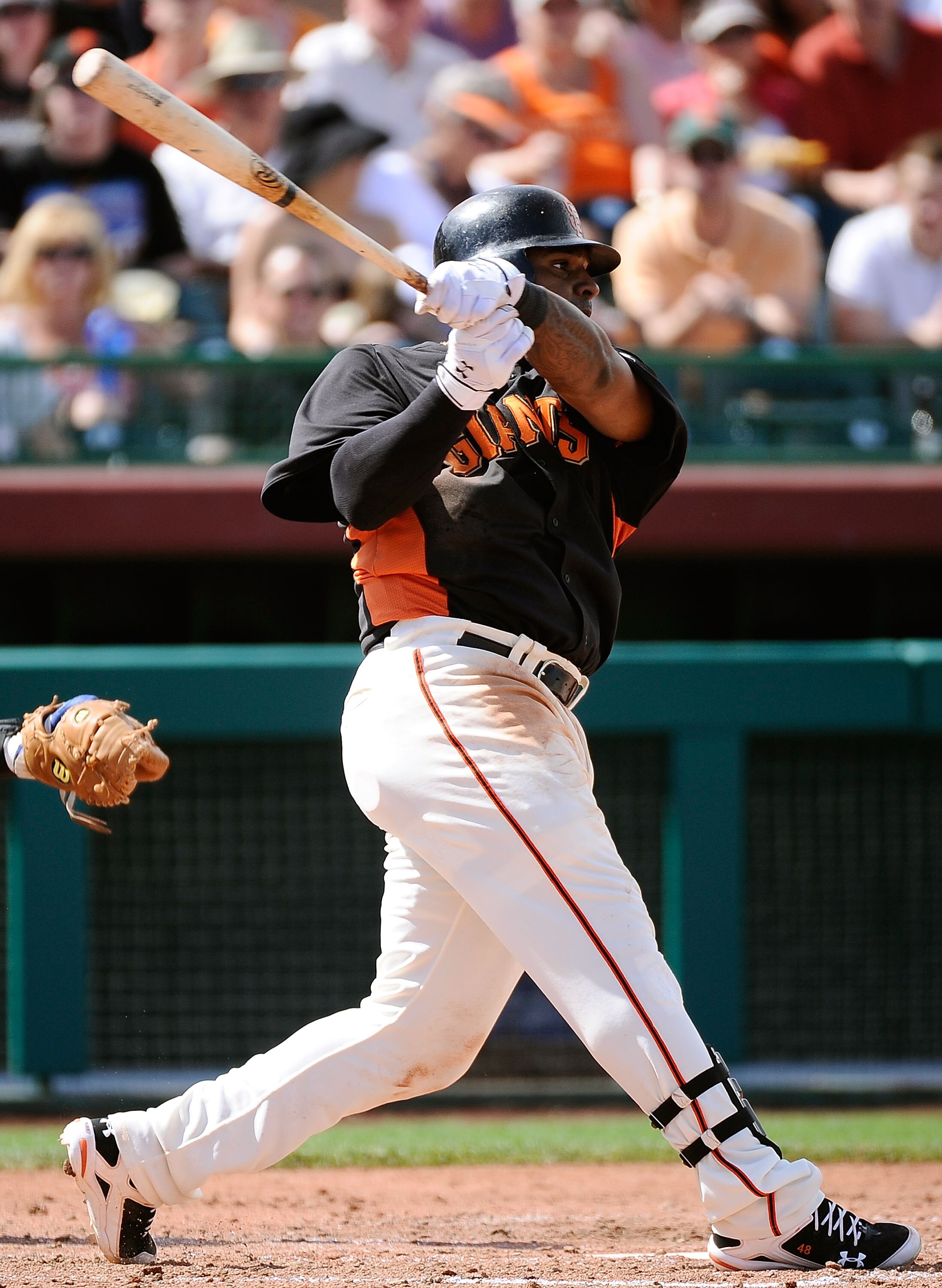 SCOTTSDALE, AZ - MARCH 18:  Pablo Sandoval #48 of the San Francisco Giants plays against during the spring training baseball game against the Los Angeles Dodgers at Scottsdale Stadium on March 18, 2011 in Scottsdale, Arizona.  (Photo by Kevork Djansezian/
