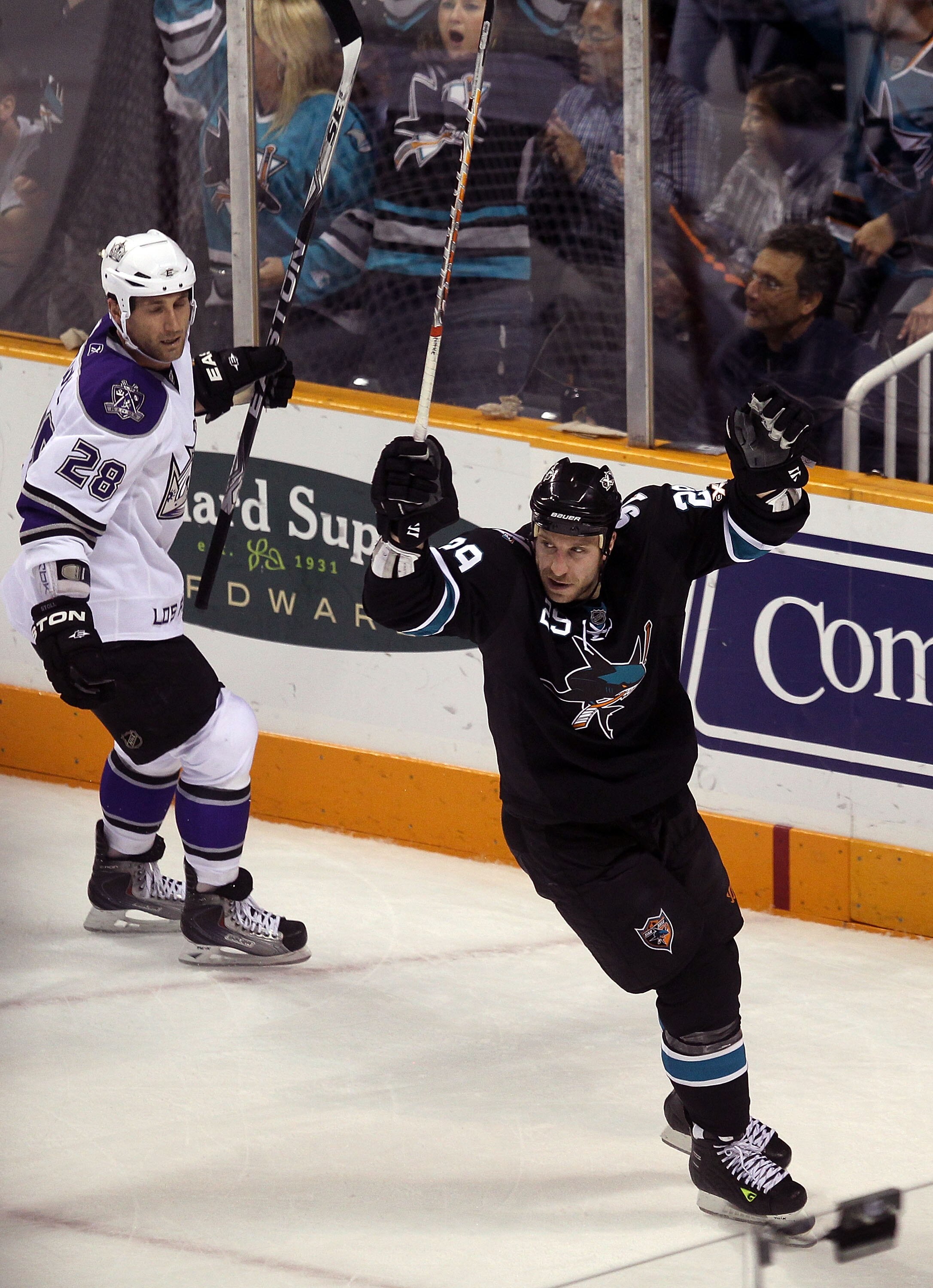 SAN JOSE, CA - NOVEMBER 15:  Ryane Clowe #29 of the San Jose Sharks celebrates after he scored a goal in the first period against the Los Angeles Kings at HP Pavilion on November 15, 2010 in San Jose, California.  (Photo by Ezra Shaw/Getty Images)