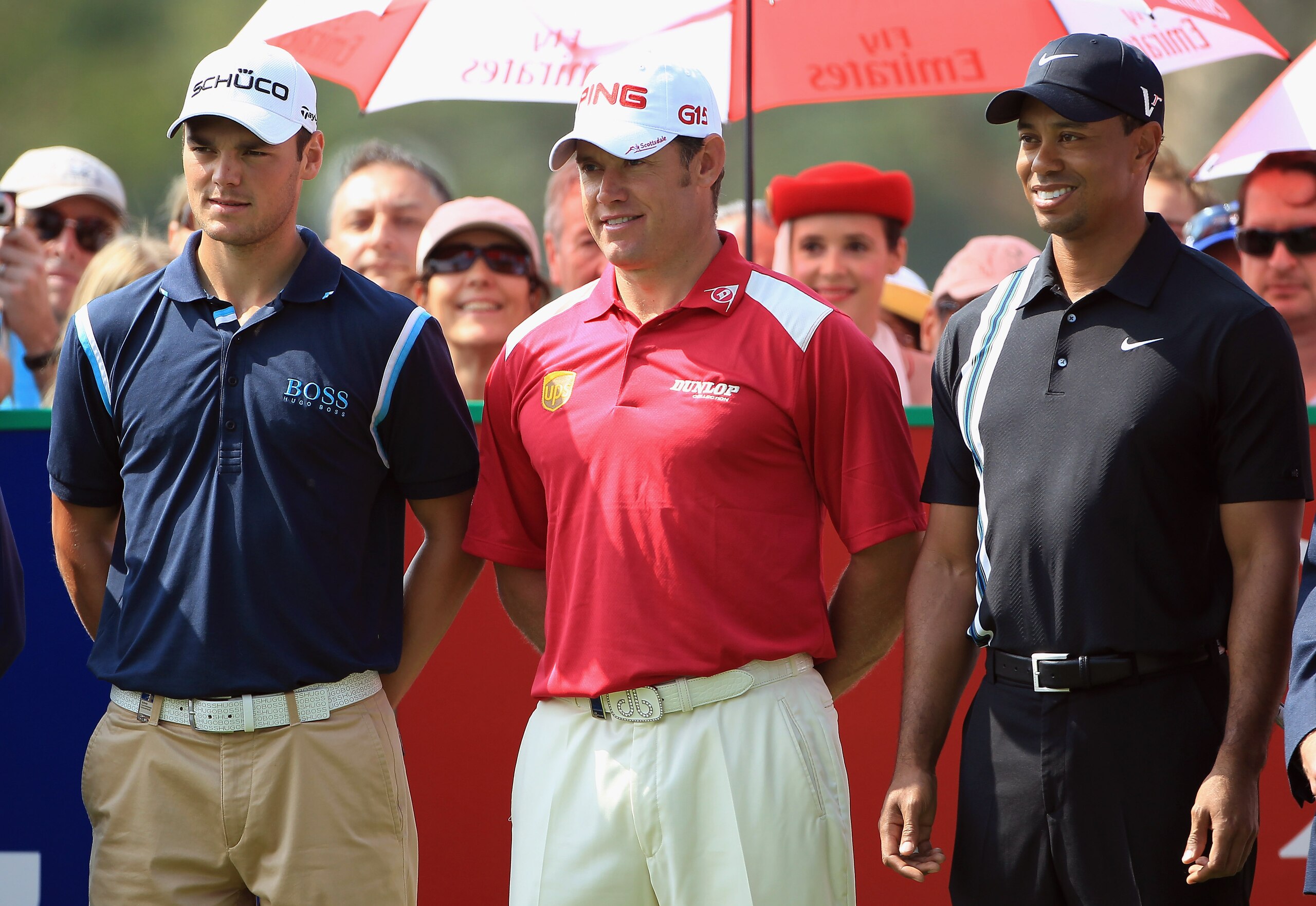 DUBAI, UNITED ARAB EMIRATES - FEBRUARY 10: Lee Westwood of England the world's number 1, is flanked by Martin Kaymer of Germany (left) the world's number 2, and Tiger Woods of the USA (right) the world's number 3, on the 1st tee during the first round of DUBAI, UNITED ARAB EMIRATES - FEBRUARY 10: Lee Westwood of England the world's number 1, is flanked by Martin Kaymer of Germany (left) the world's number 2, and Tiger Woods of the USA (right) the world's number 3, on the 1st tee during the first round of