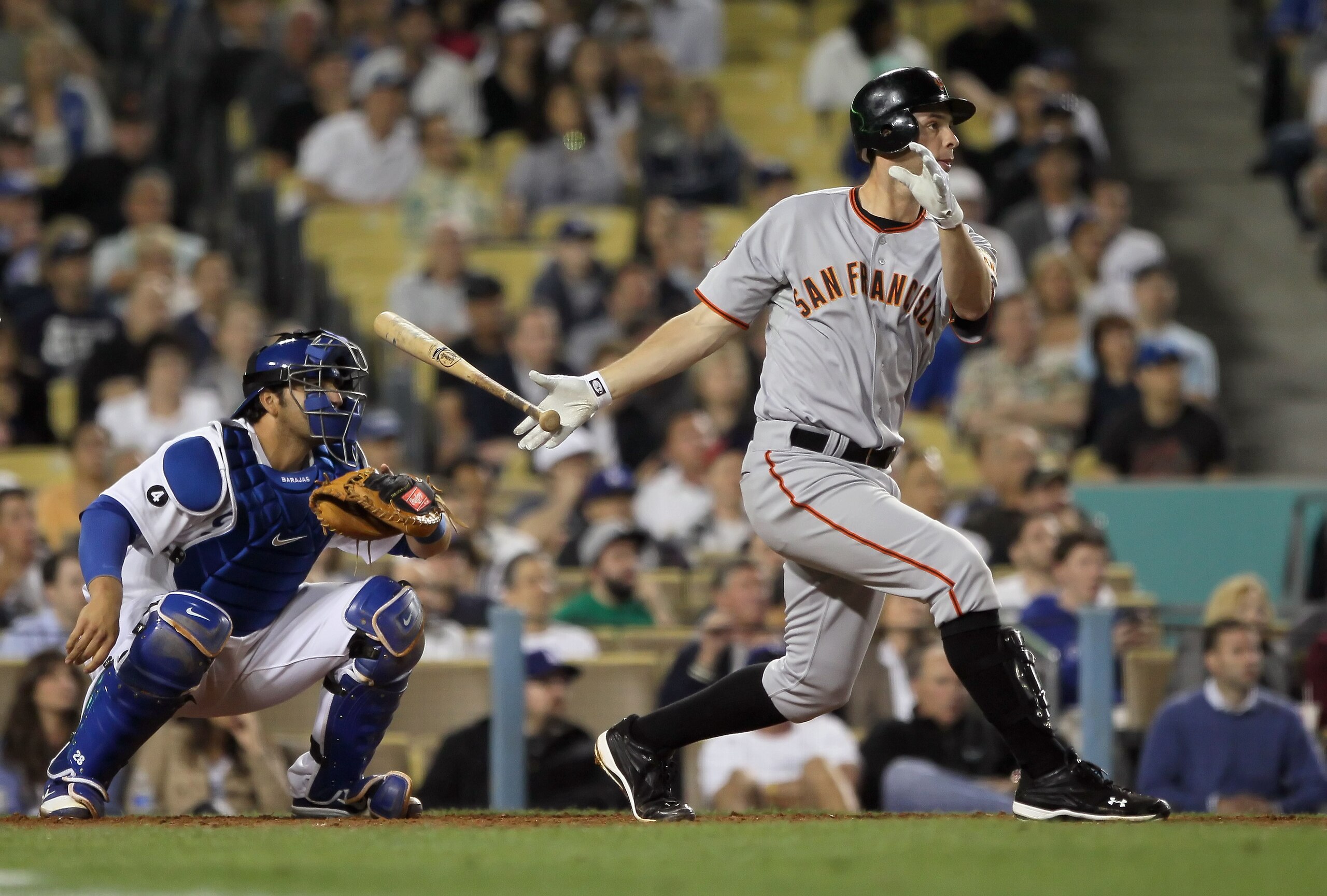 LOS ANGELES, CA - APRIL 01: Brandon Belt #9 of the San Francisco Giants bats against the Los Angeles Dodgers at Dodger Stadium on April 1, 2011 in Los Angeles, California. (Photo by Jeff Gross/Getty Images) LOS ANGELES, CA - APRIL 01: Brandon Belt #9 of the San Francisco Giants bats against the Los Angeles Dodgers at Dodger Stadium on April 1, 2011 in Los Angeles, California. (Photo by Jeff Gross/Getty Images)
