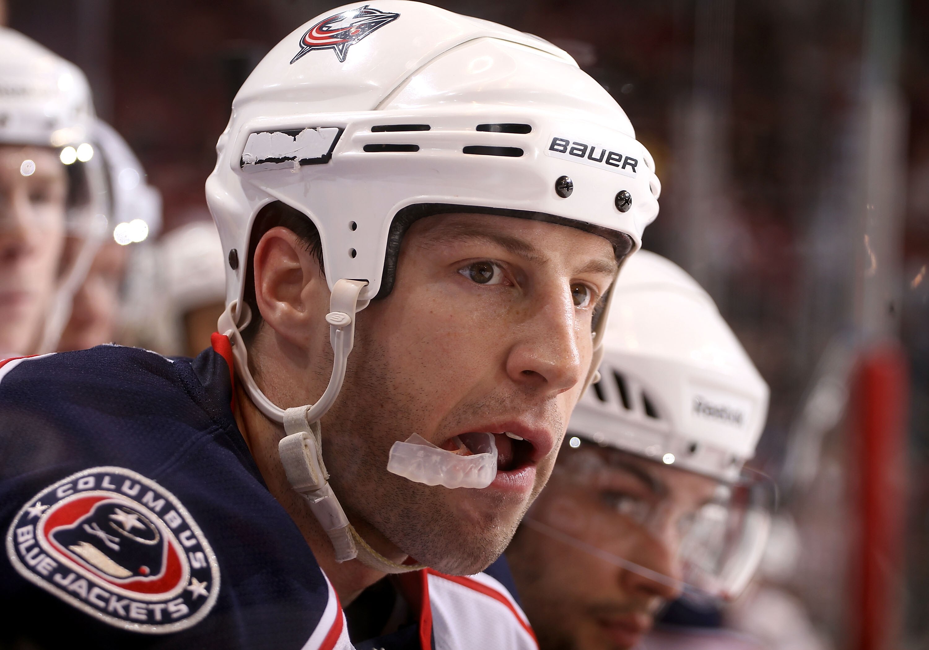 GLENDALE, AZ - MARCH 24:  R.J. Umberger #18 of the Columbus Blue Jackets watches from the bench during the NHL game against the Phoenix Coyotes at Jobing.com Arena on March 24, 2011 in Glendale, Arizona. The Coyotes defeated the Blue Jackets 3-0. (Photo b