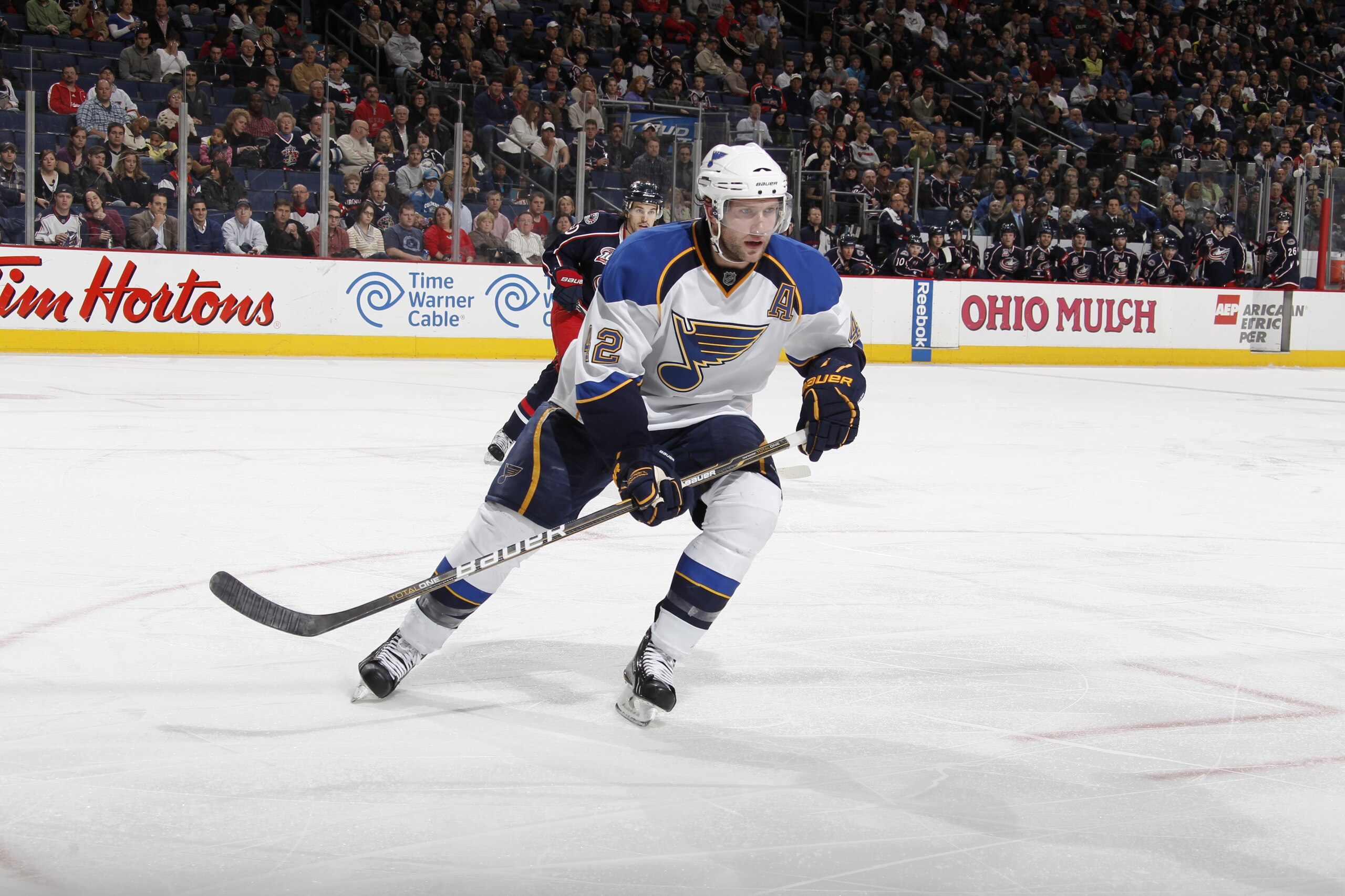COLUMBUS, OH - MARCH 09:  David Backes #42 of the St. Louis Blues skates against the Columbus Blue Jackets on March 9, 2011 at Nationwide Arena in Columbus, Ohio.  (Photo by Gregory Shamus/Getty Images)