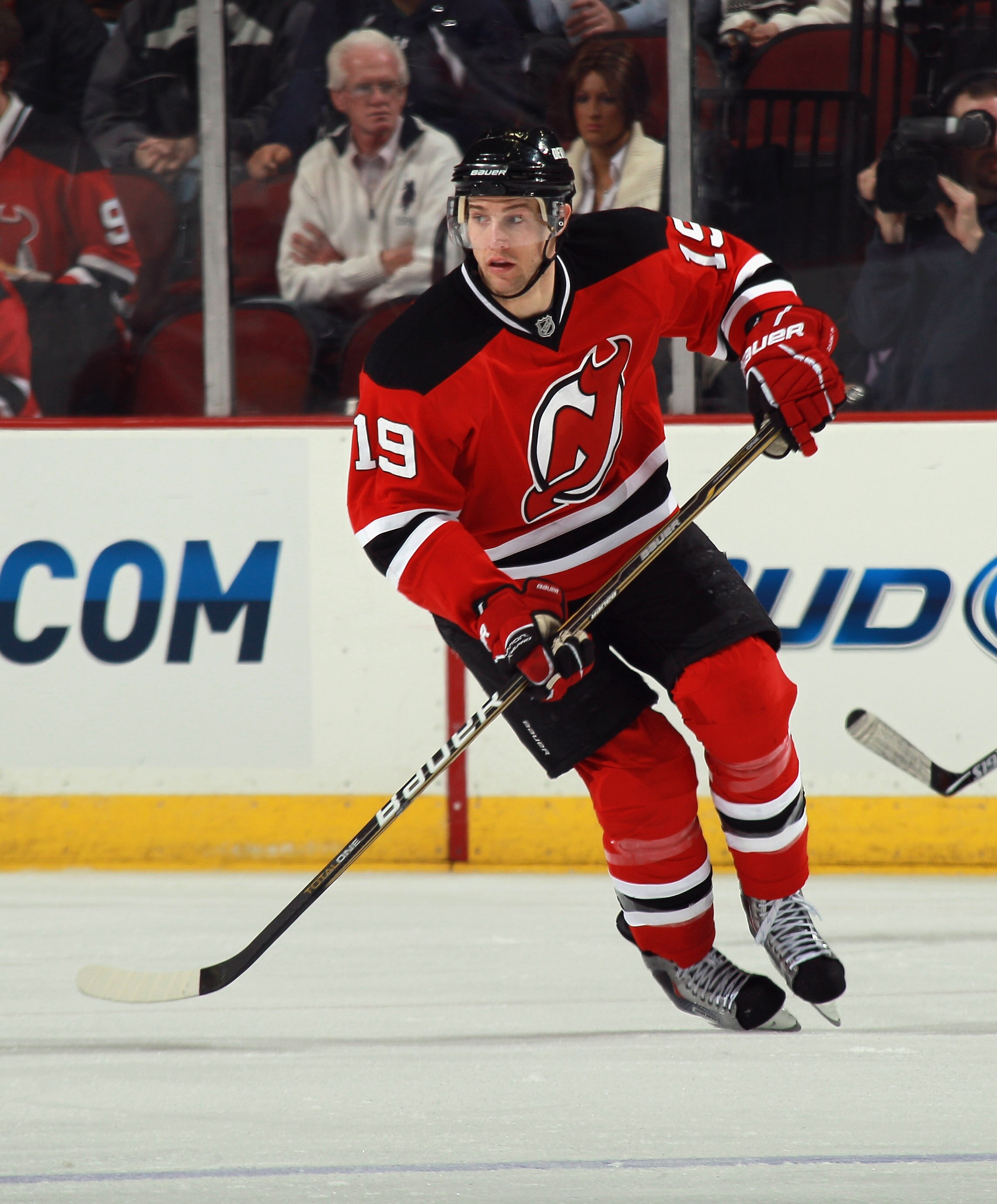 NEWARK, NJ - MARCH 30:  Travis Zajac #19 of the New Jersey Devils skates against the New York Islanders at the Prudential Center on March 30, 2011 in Newark, New Jersey. The Devils defeated the Islanders 3-2.  (Photo by Bruce Bennett/Getty Images)