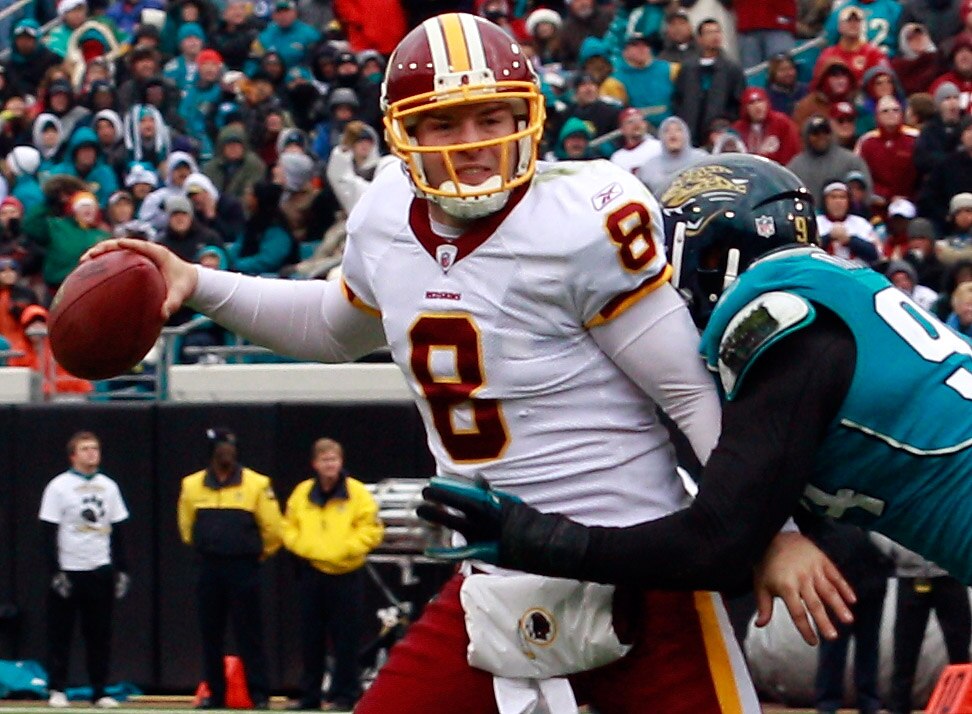 JACKSONVILLE, FL - DECEMBER 26:  Quarterback Rex Grossman #8 of the Washington Redskins is pressured by Jeremy Mincey #94 of the Jacksonville Jaguars during the game at EverBank Field on December 26, 2010 in Jacksonville, Florida.  (Photo by Sam Greenwood