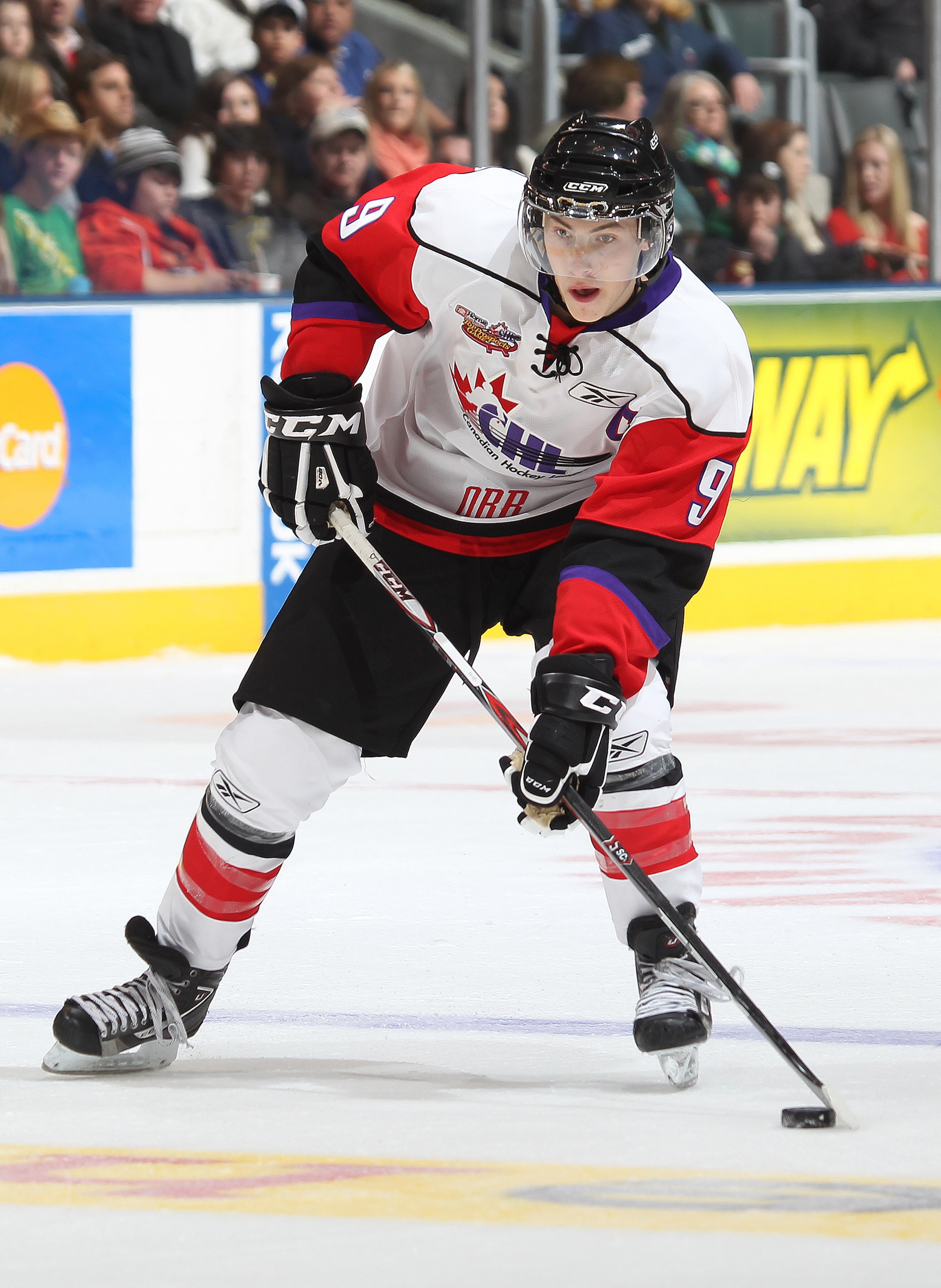 TORONTO, CAN - JANUARY 19:  Ryan Nugent-Hopkins #9 of Team Orr gets set to fire a shot against Team Cherry in the 2011 Home Hardware Top Prospects game on January 19, 2011 at the Air Canada Centre in Toronto, Canada. Team Orr defeated Team Cherry 7-1. (Ph